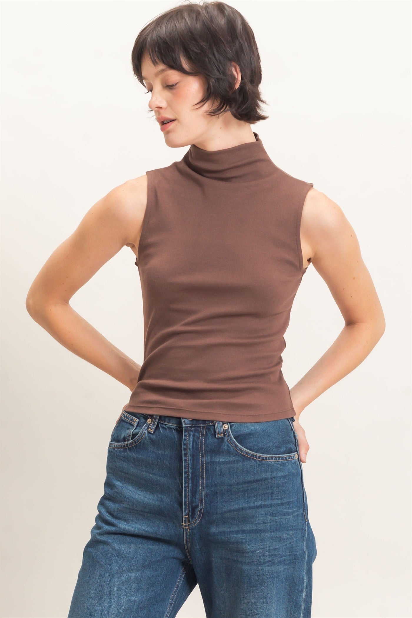 Wholesale Sleeveless Mock Neck Top Clothing Tops DZ26E397 DARK BROWN DOUBLE ZERO
