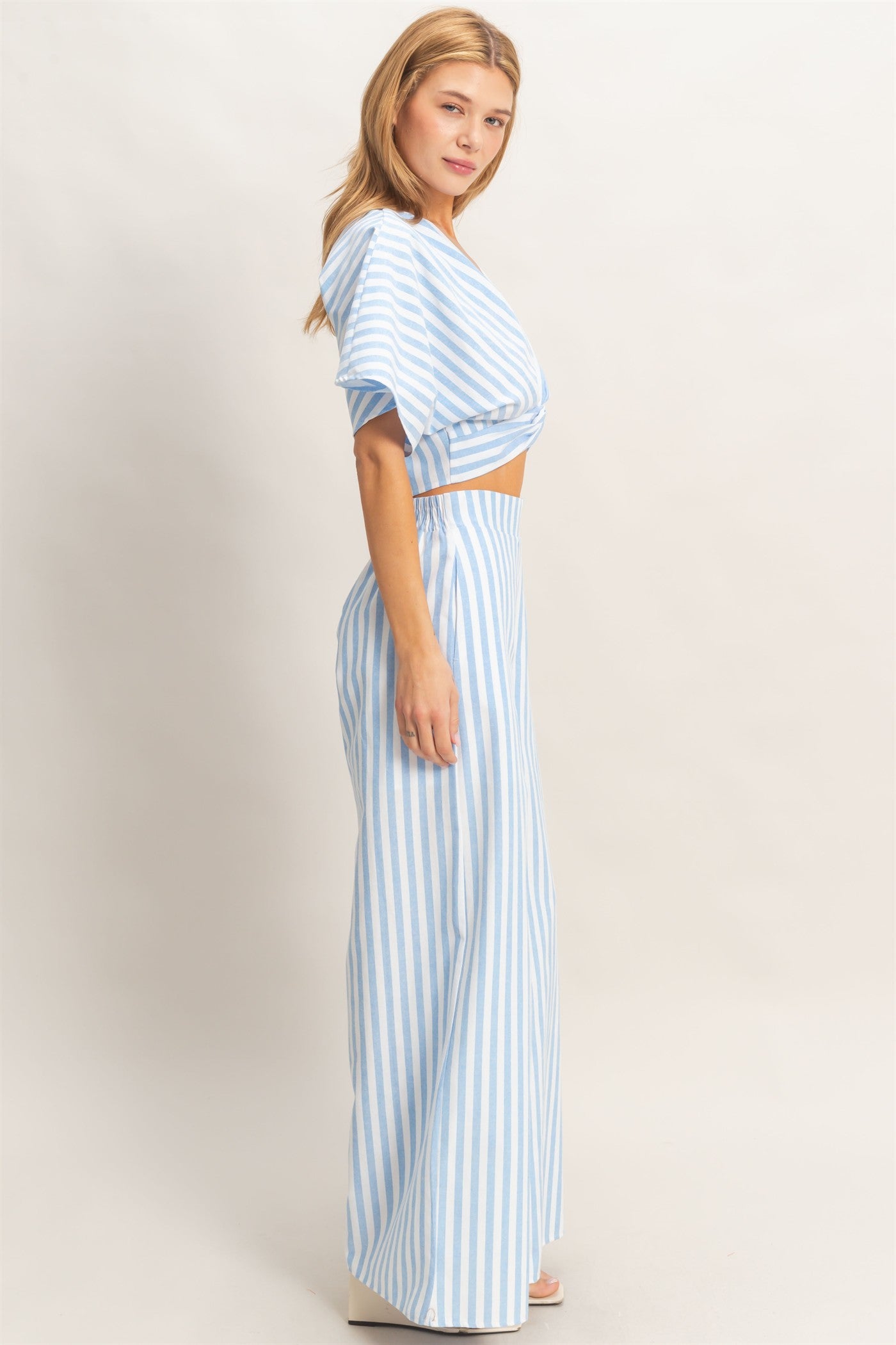 Wholesale Striped Twist Front Top & Pants Clothing HF26A692-SET BLUE DOUBLE ZERO