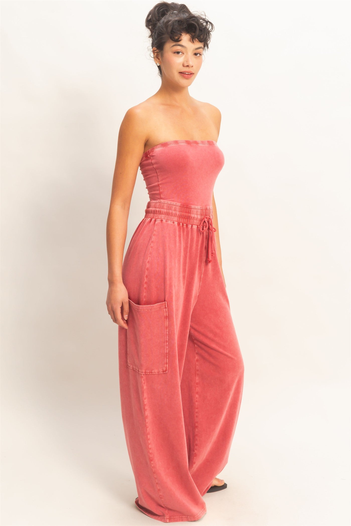 Wholesale Mineral Wash Strapless Wide-Leg Jumpsuit Clothing DZ26C376 DARK RED DOUBLE ZERO