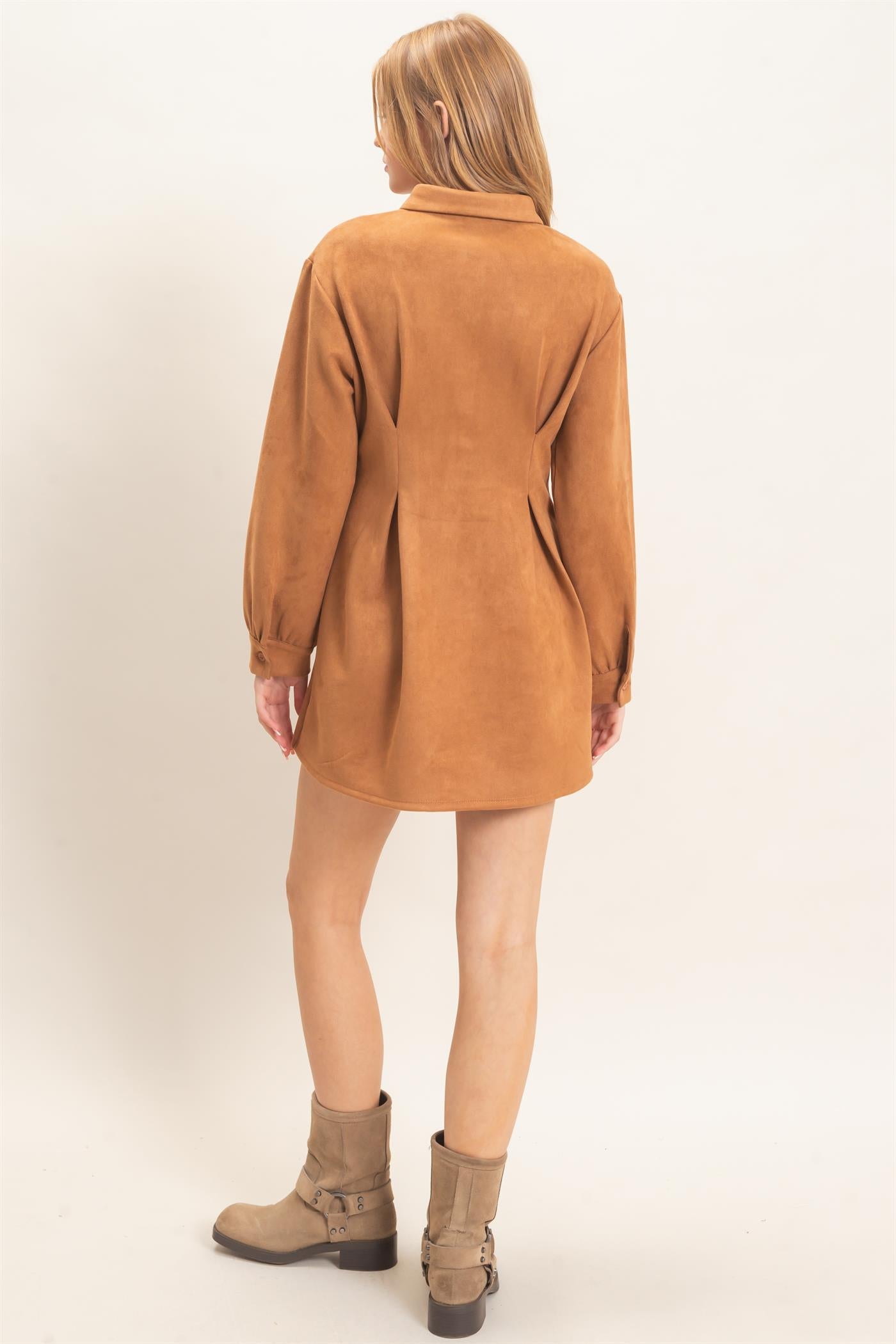 Wholesale Faux Suede Long Sleeve Shirtdress Dresses HF26F063 CAMEL HYFVE