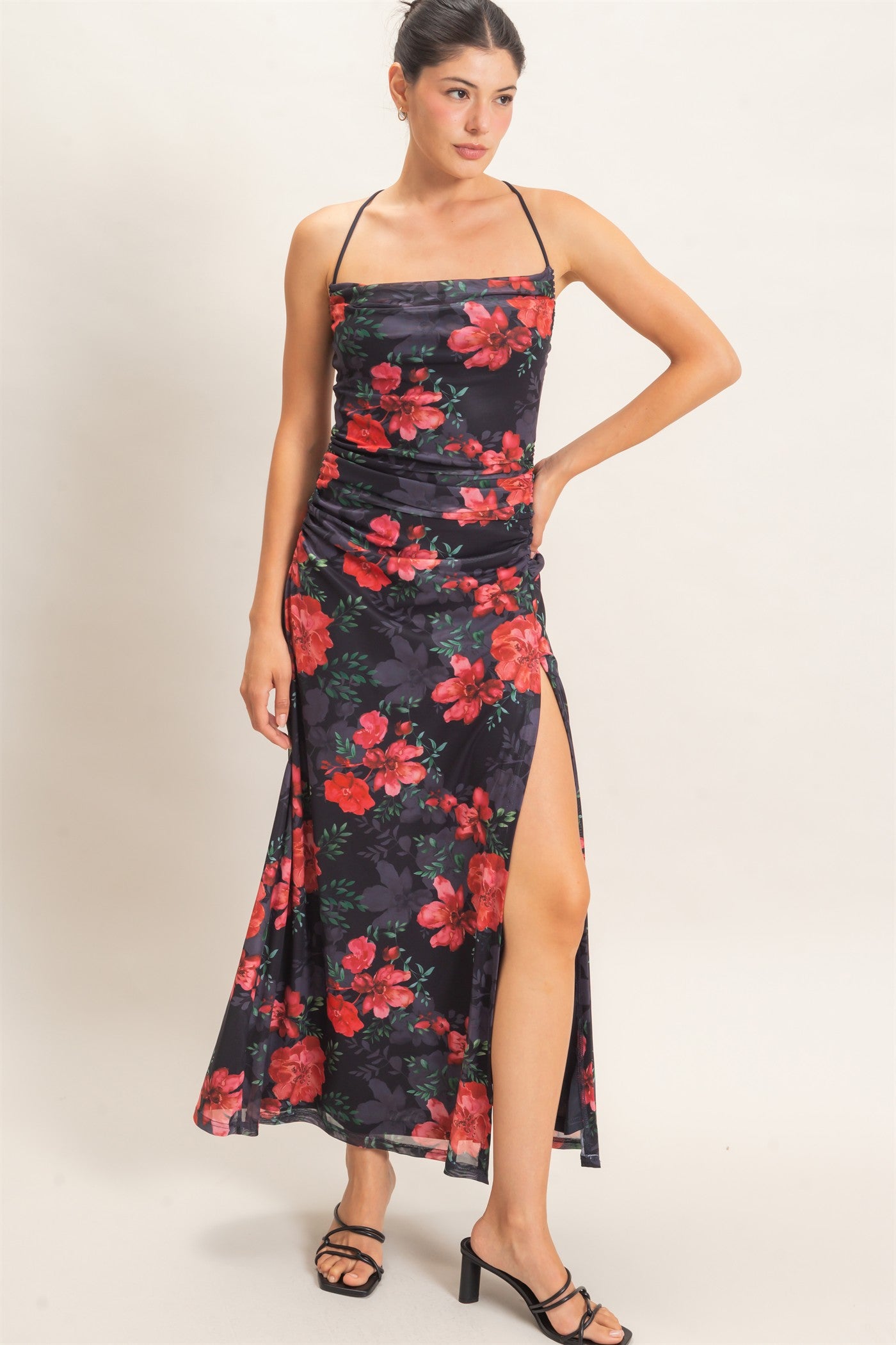 Wholesale Floral Print Spaghetti Strap Dress Dresses HF26E440 BLACK HYFVE