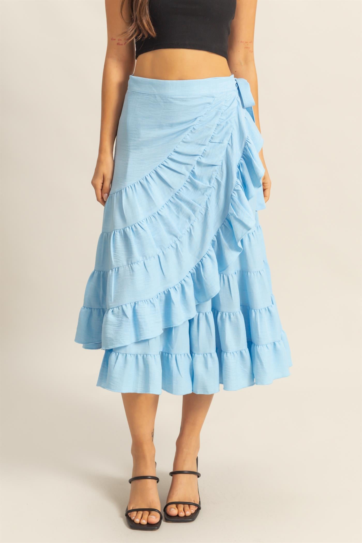 Wholesale High-Waist Tiered Wrap Maxi Skirt Skirts HF24F553 L.BLUE HYFVE