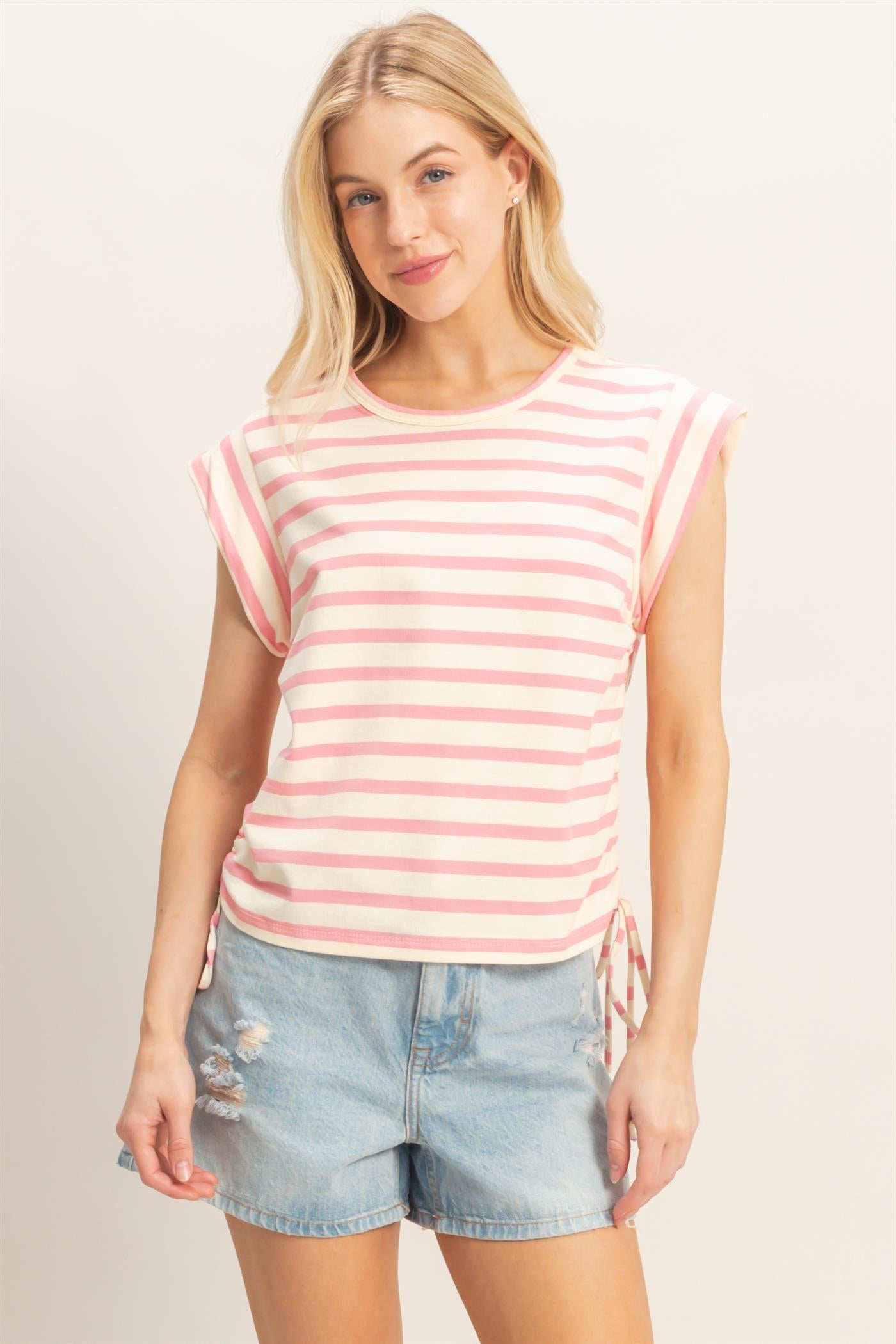 Wholesale Striped Sleeveless Tie-Side Top Clothing Tops HF26A500 PINK HYFVE