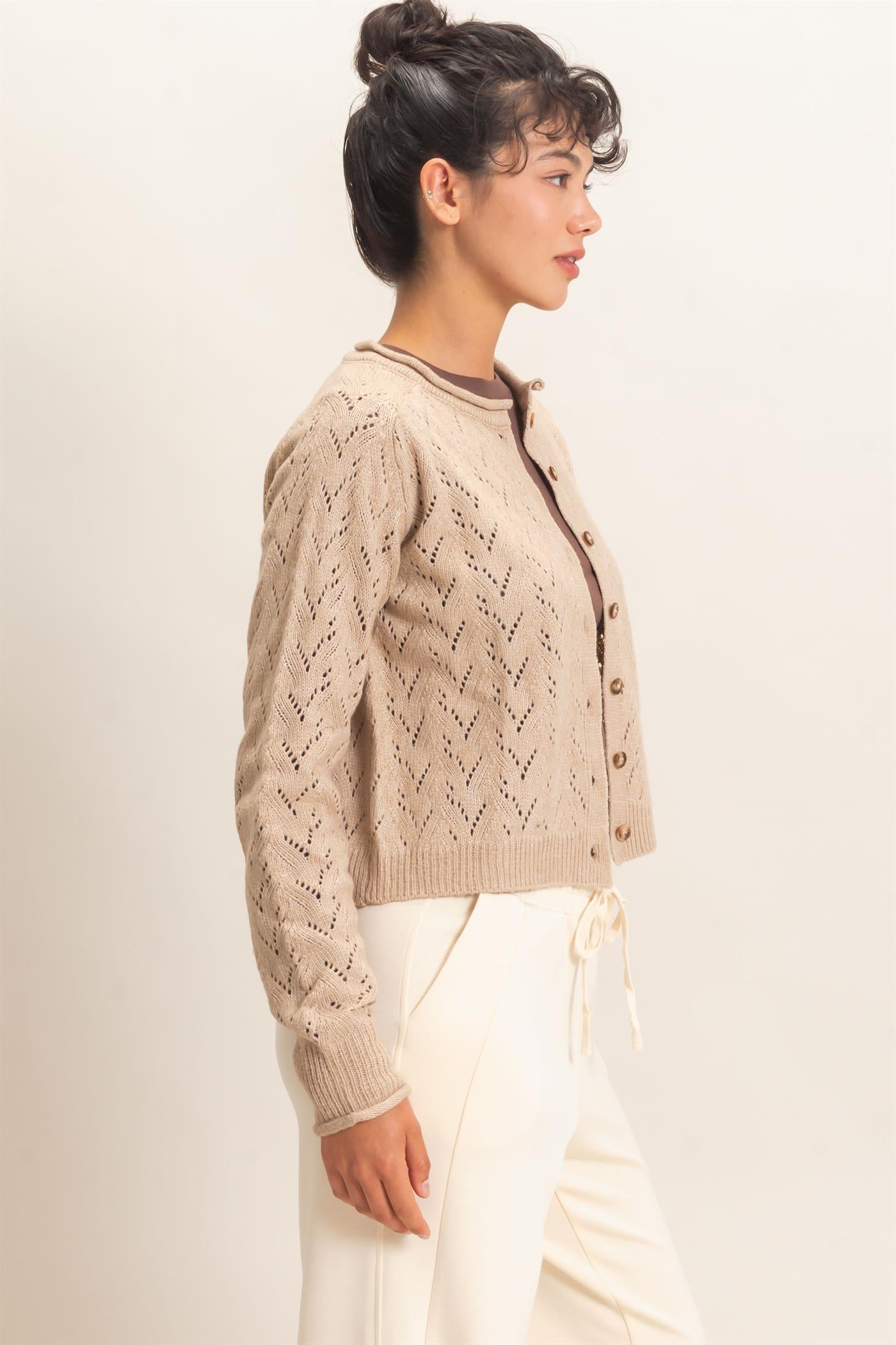 Wholesale Pointelle Knit Button Front Cardigan Cardigans DZ26C978 DARK TAUPE DOUBLE ZERO