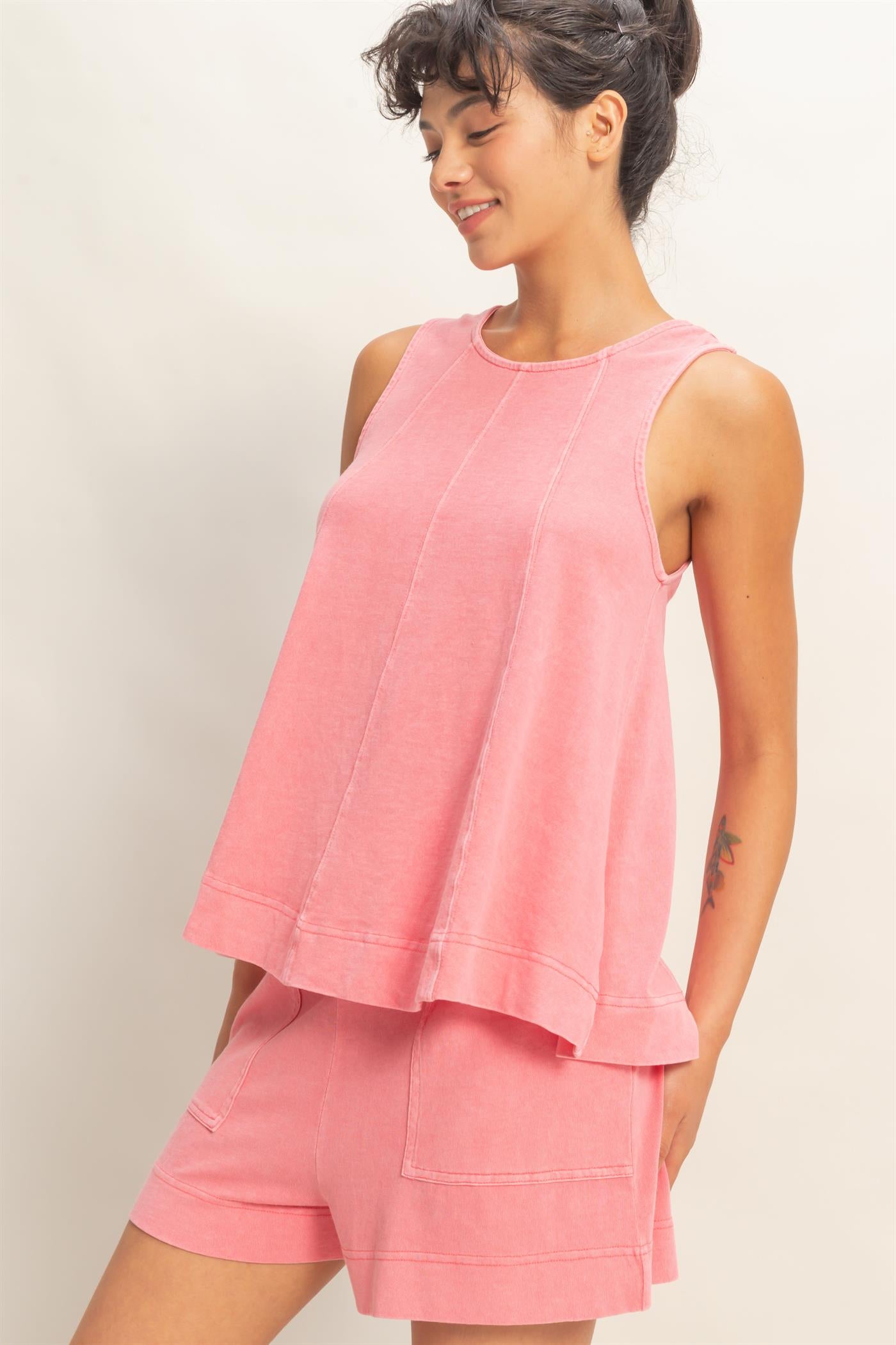 Wholesale Sleeveless Round Neck Top & Shorts Set Clothing DZ26C730-SET TAFFY PINK DOUBLE ZERO