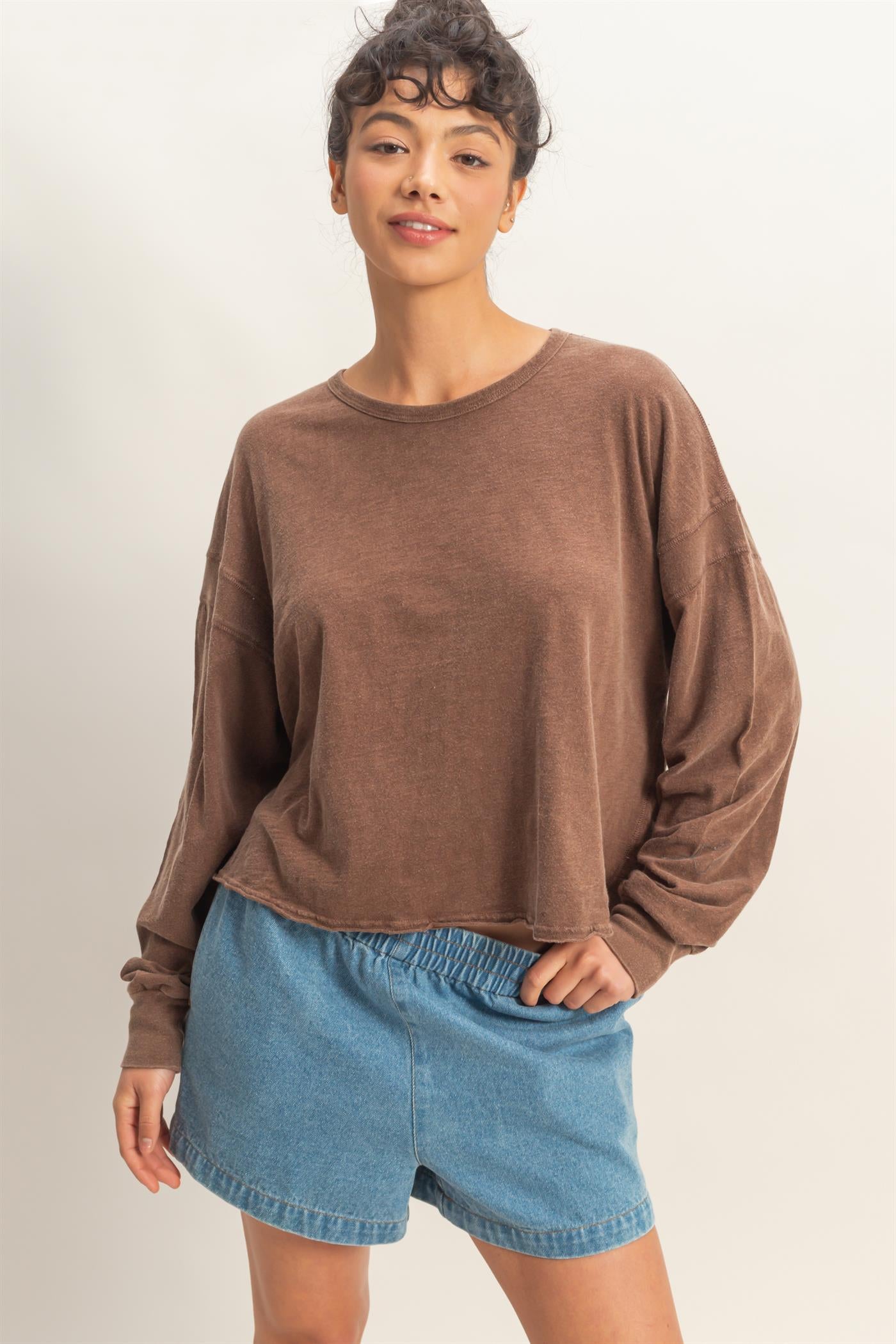 Wholesale Cross Detail Open Back Long-Sleeve Top Clothing Tops DZ26C731 CHOCOLATE DOUBLE ZERO