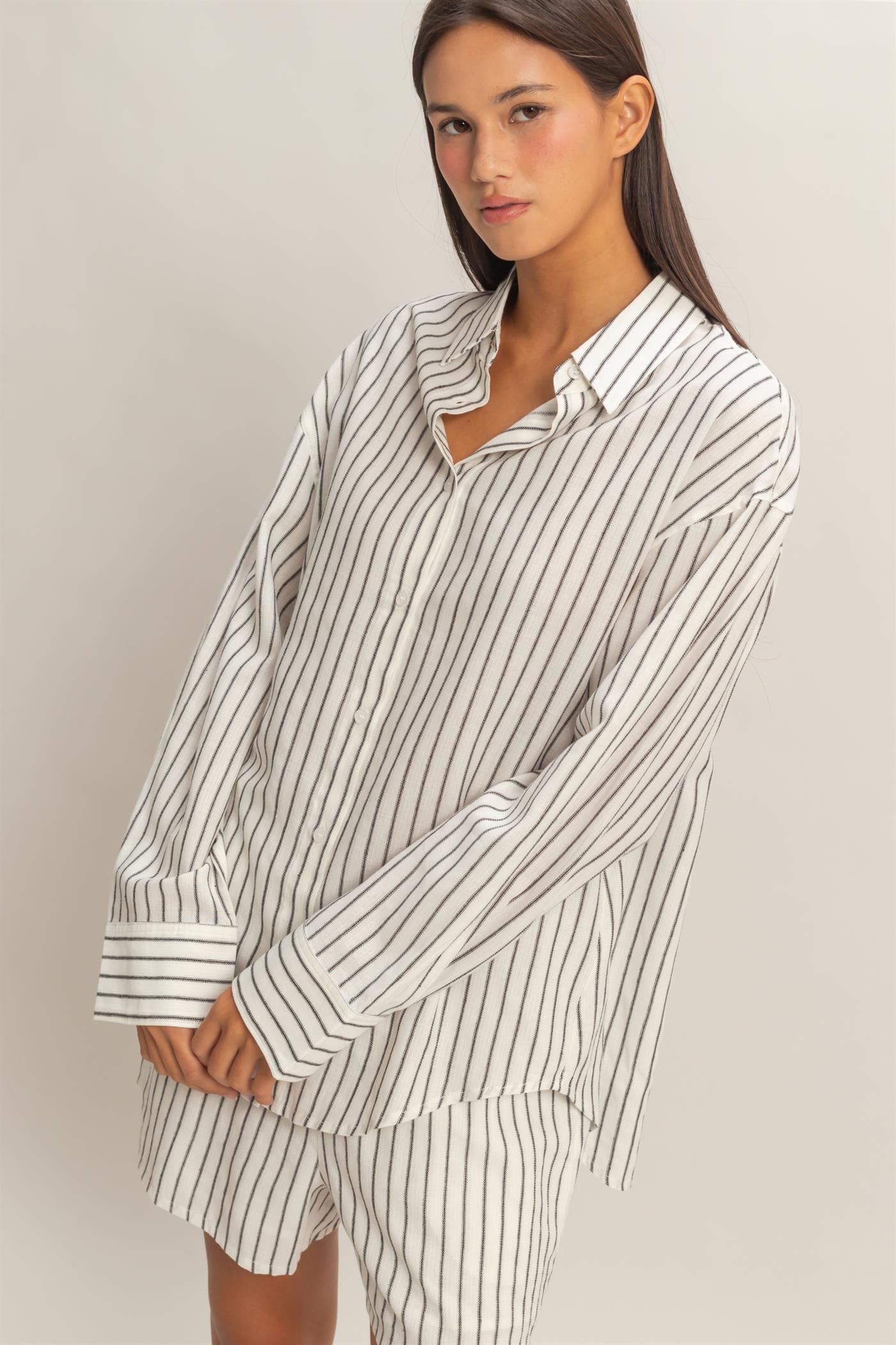 Wholesale Striped Button-Up Shirt Shirts DZ26C413 BLACK DOUBLE ZERO