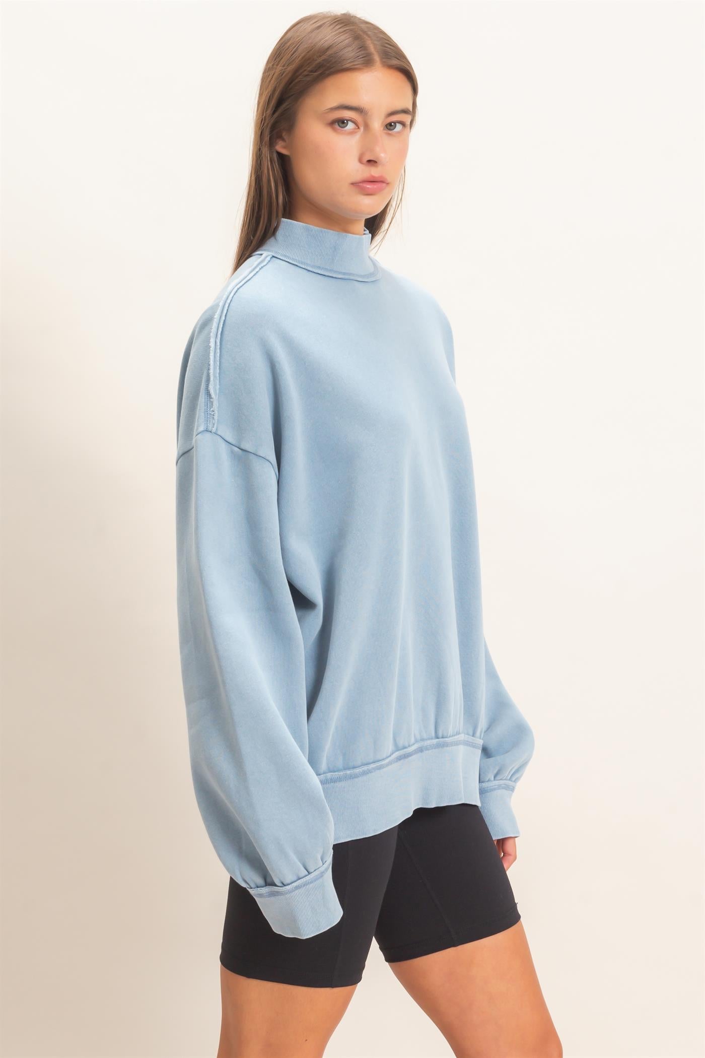Wholesale Acid Washed Mock Neck Sweatshirt Sweatshirts DZ26E656 DUSTY BLUE DOUBLE ZERO