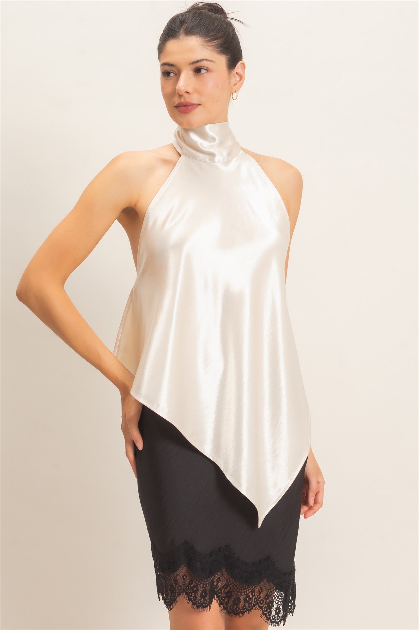 Wholesale Asymmetrical Satin Halter Top Blouses HF26F114 PEARL HYFVE