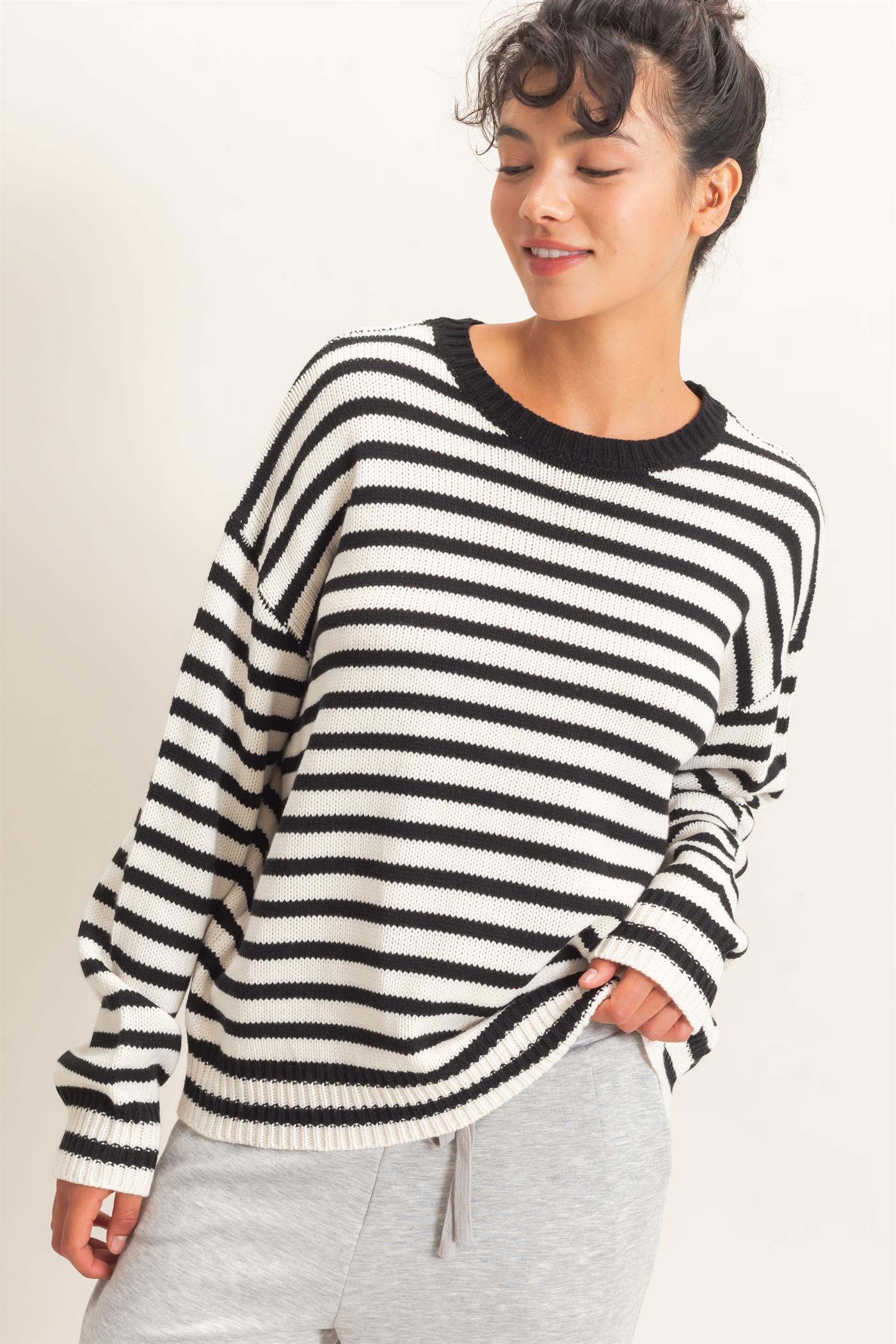 Wholesale Striped Crew Neck Sweater Sweaters DZ26E237 BLACK DOUBLE ZERO