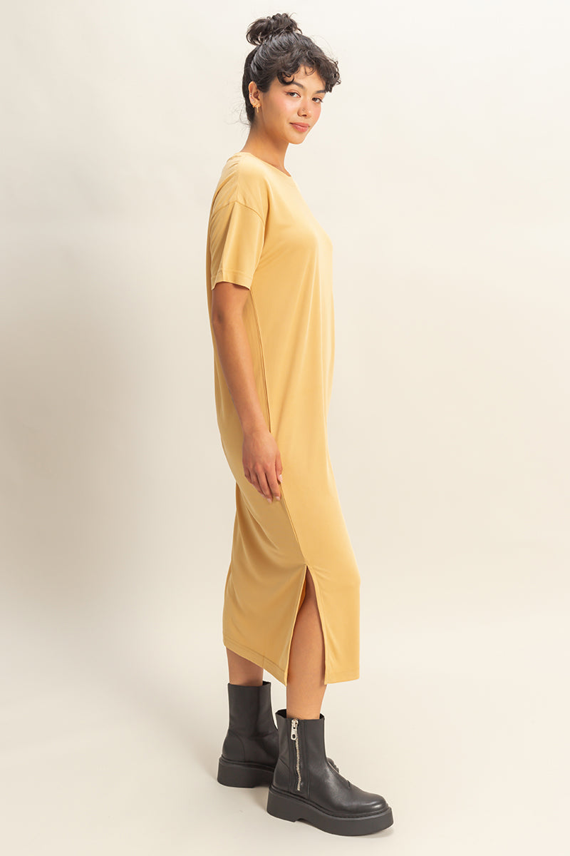 Wholesale Side Slit T-Shirt Midi Dress Dresses DZ23A961 TORTILLA BROWN DOUBLE ZERO