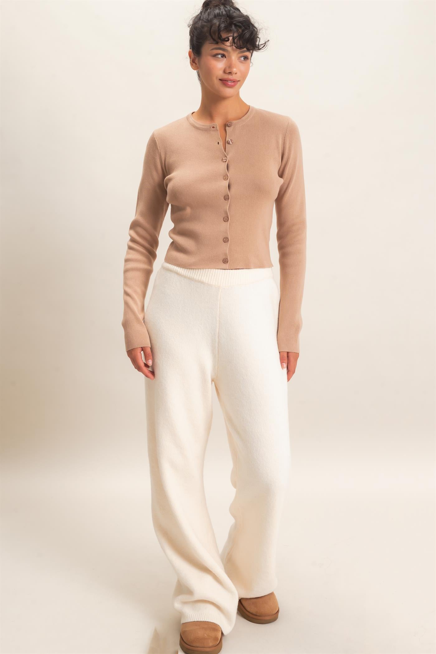 Wholesale Ribbed Crew Neck Cardigan Cardigans DZ27A153 DARK TAUPE DOUBLE ZERO