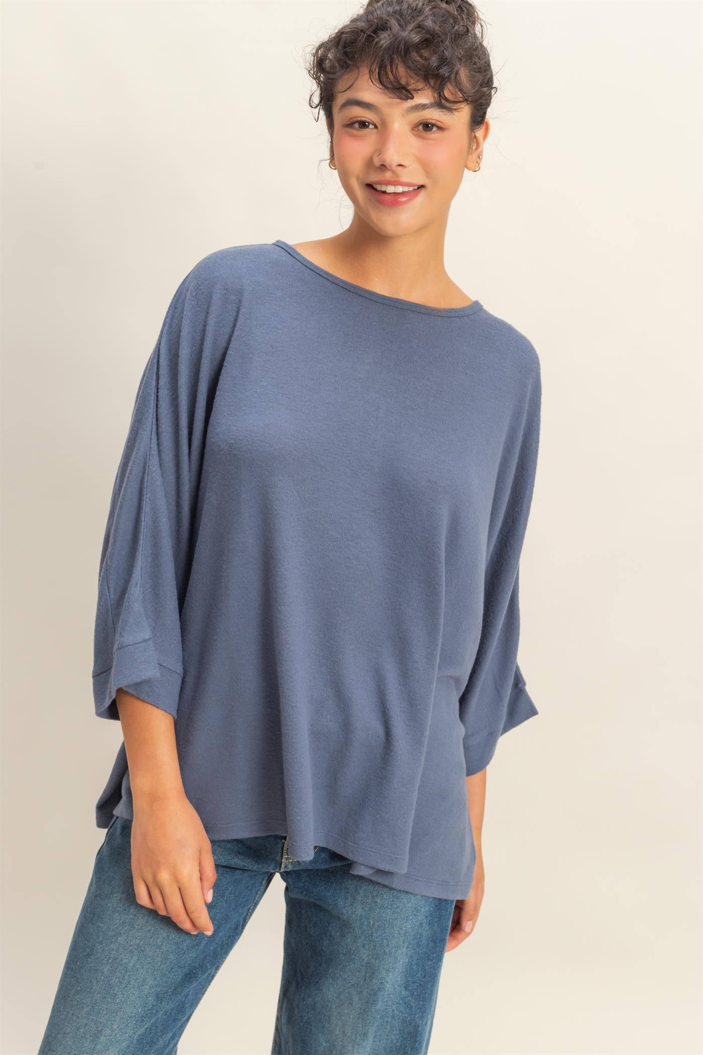 Wholesale Batwing 3/4 Sleeve Oversized Top Clothing Tops DZ25E133 DUSTY NAVY DOUBLE ZERO