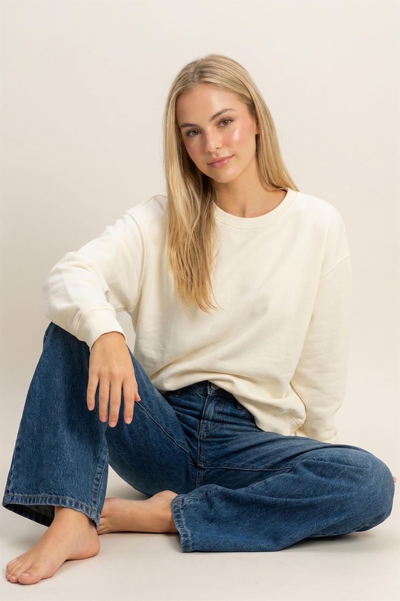 Wholesale Mineral Wash Crew Neck Sweatshirt Sweatshirts DZ26E990 CREAM DOUBLE ZERO