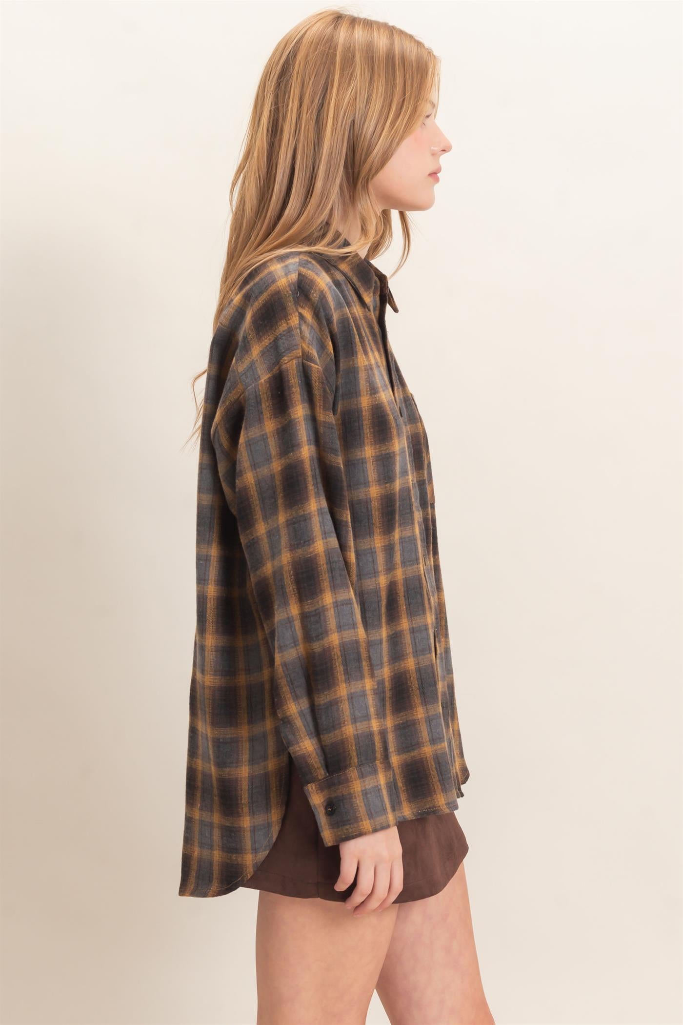 Wholesale Plaid Button-Up Shirt Clothing Tops HF26F017 MUSTARD HYFVE
