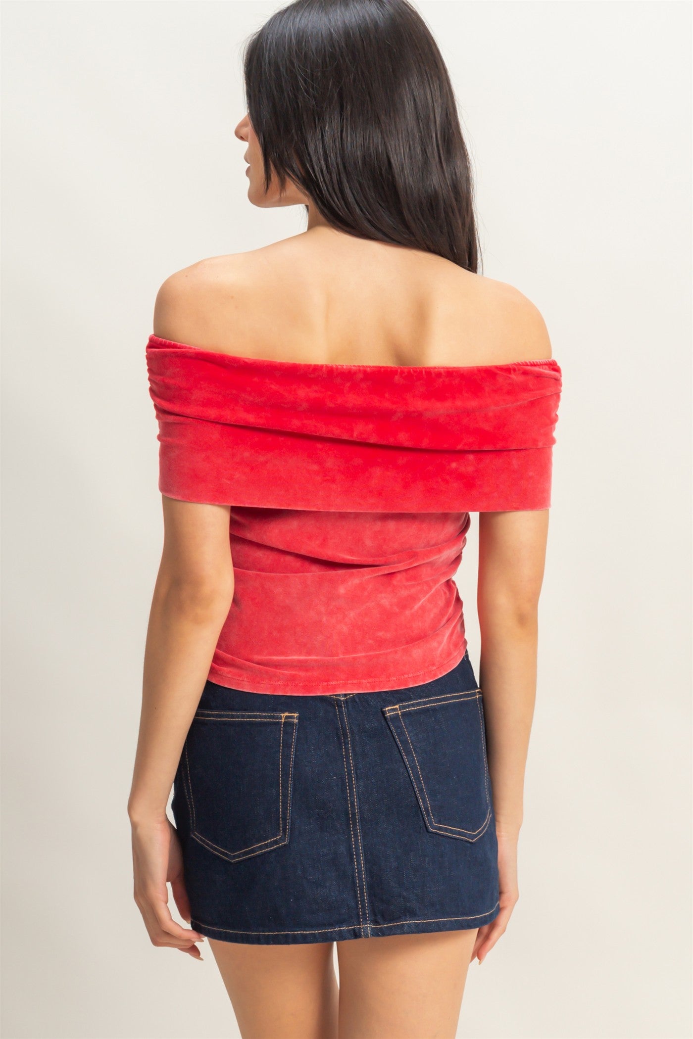Wholesale Off-The-Shoulder Side Ruched Top Clothing Tops DZ25C848 RED DOUBLE ZERO