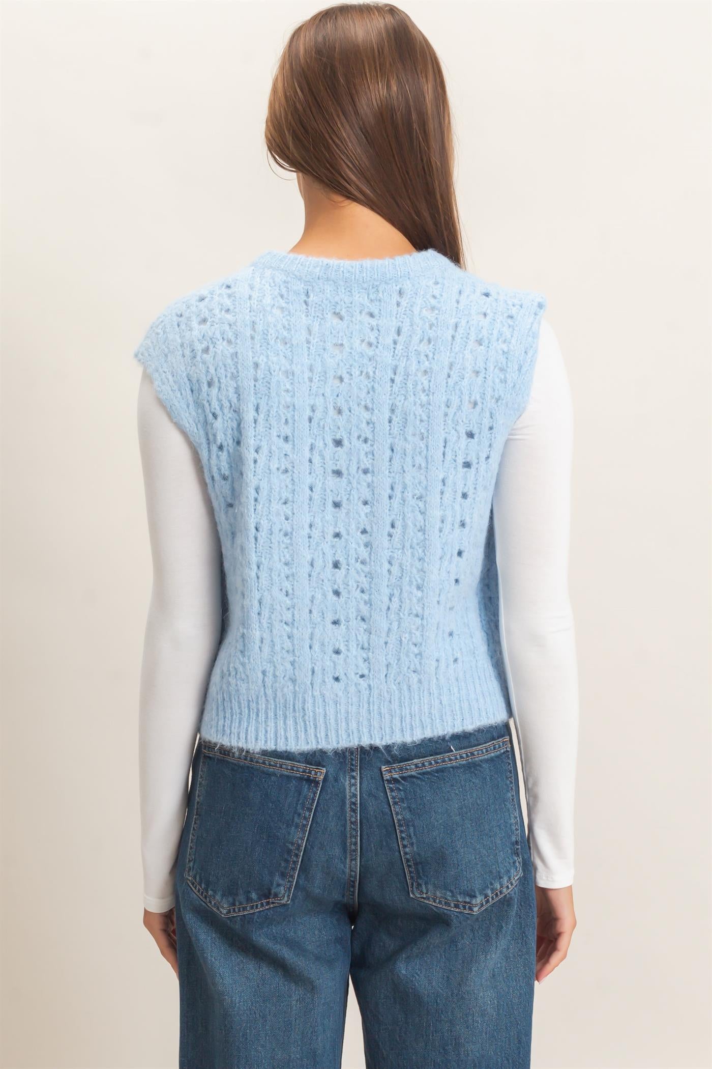 Wholesale Open Knit Sleeveless Button Front Sweater Vest Sweaters DZ26A829 ICE BLUE DOUBLE ZERO
