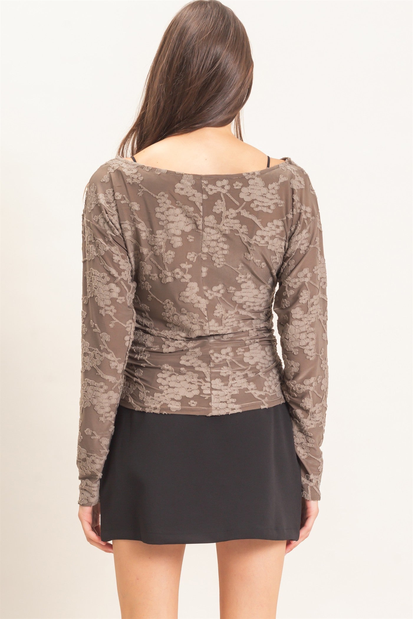 Wholesale Sheer Lace Boat Neck Top Blouses HF26E761 GRAY HYFVE