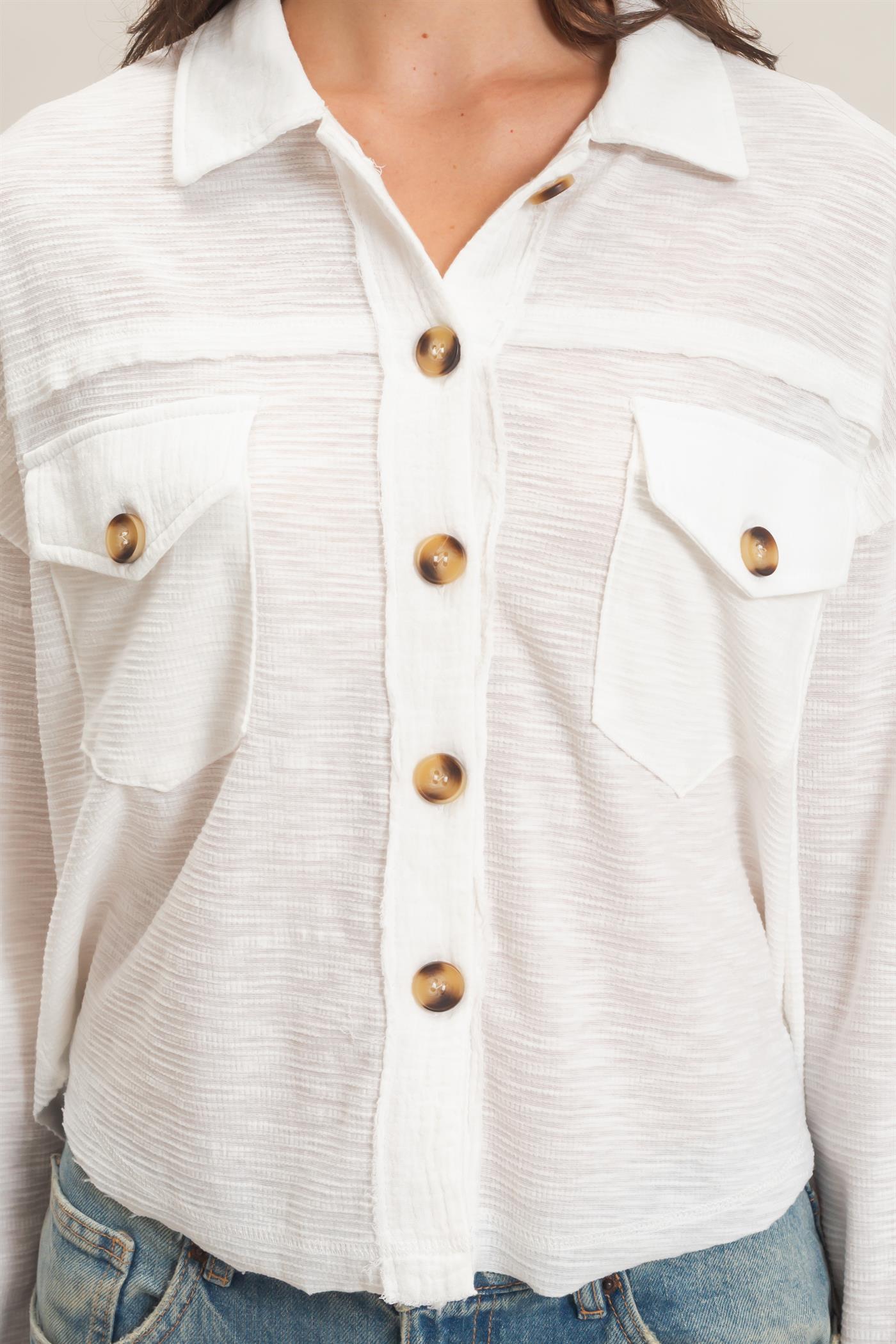 Wholesale Textured Button-Up Shirt Clothing Tops HF26C878 WHITE HYFVE