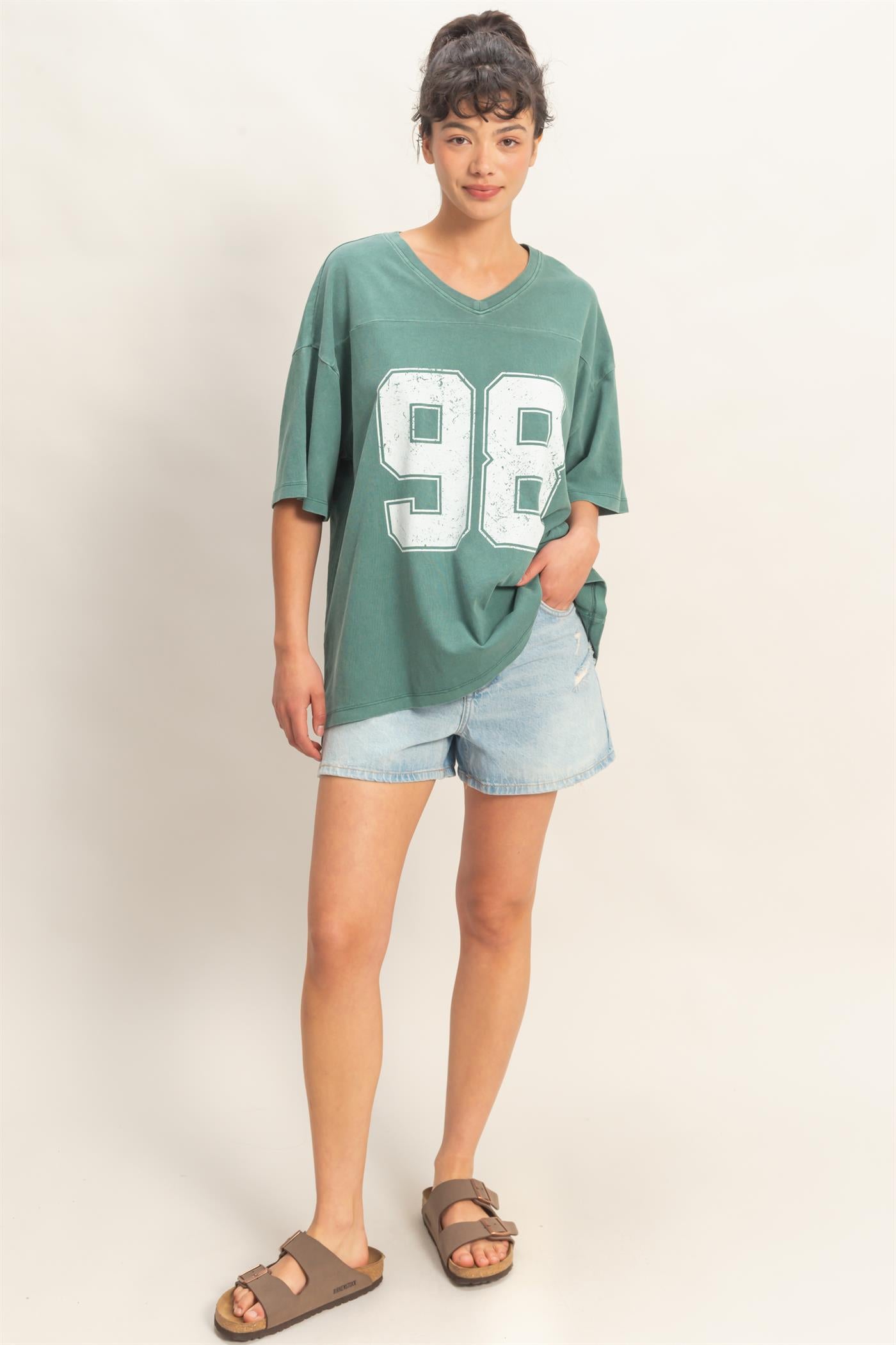 Wholesale Oversized Varsity Style V-Neck Graphic T-Shirt T-Shirts DZ26C200 DARK TEAL DOUBLE ZERO