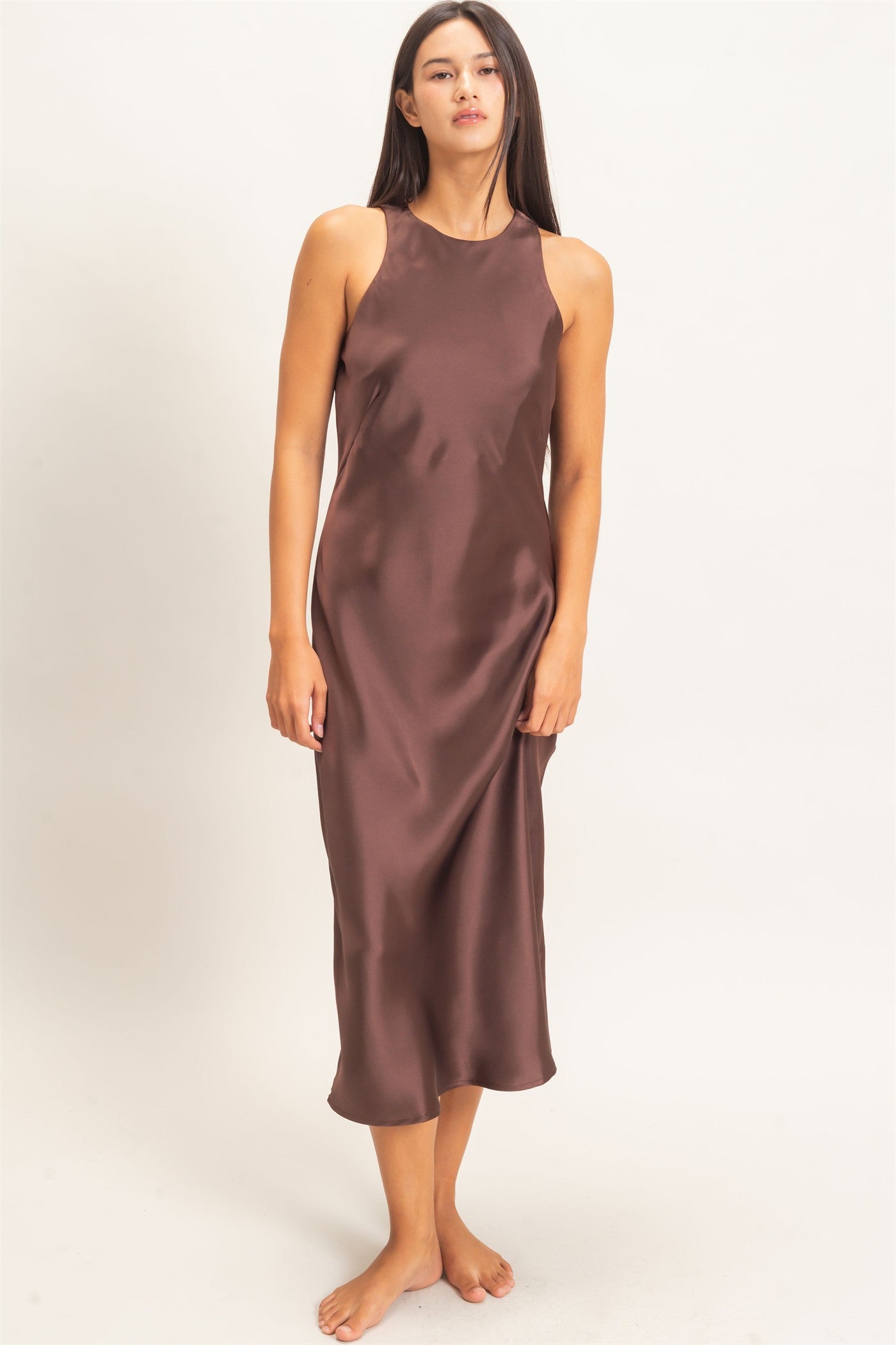 Wholesale Sleeveless Satin Midi Dress Dresses DZ26E257 DARK BROWN DOUBLE ZERO
