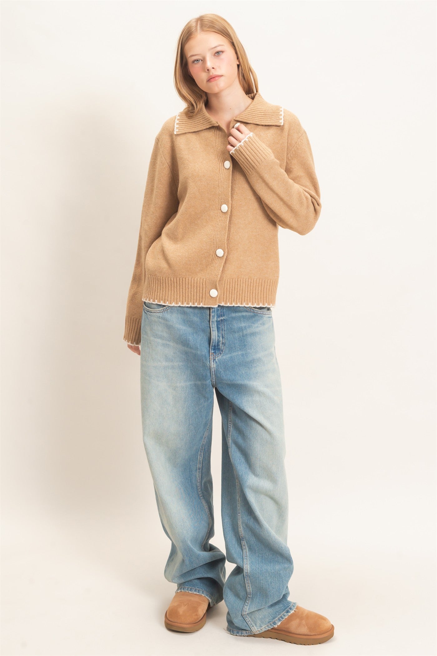 Wholesale Blanket Stitch Collared Cardigan Cardigans HF26F356 CAMEL HYFVE