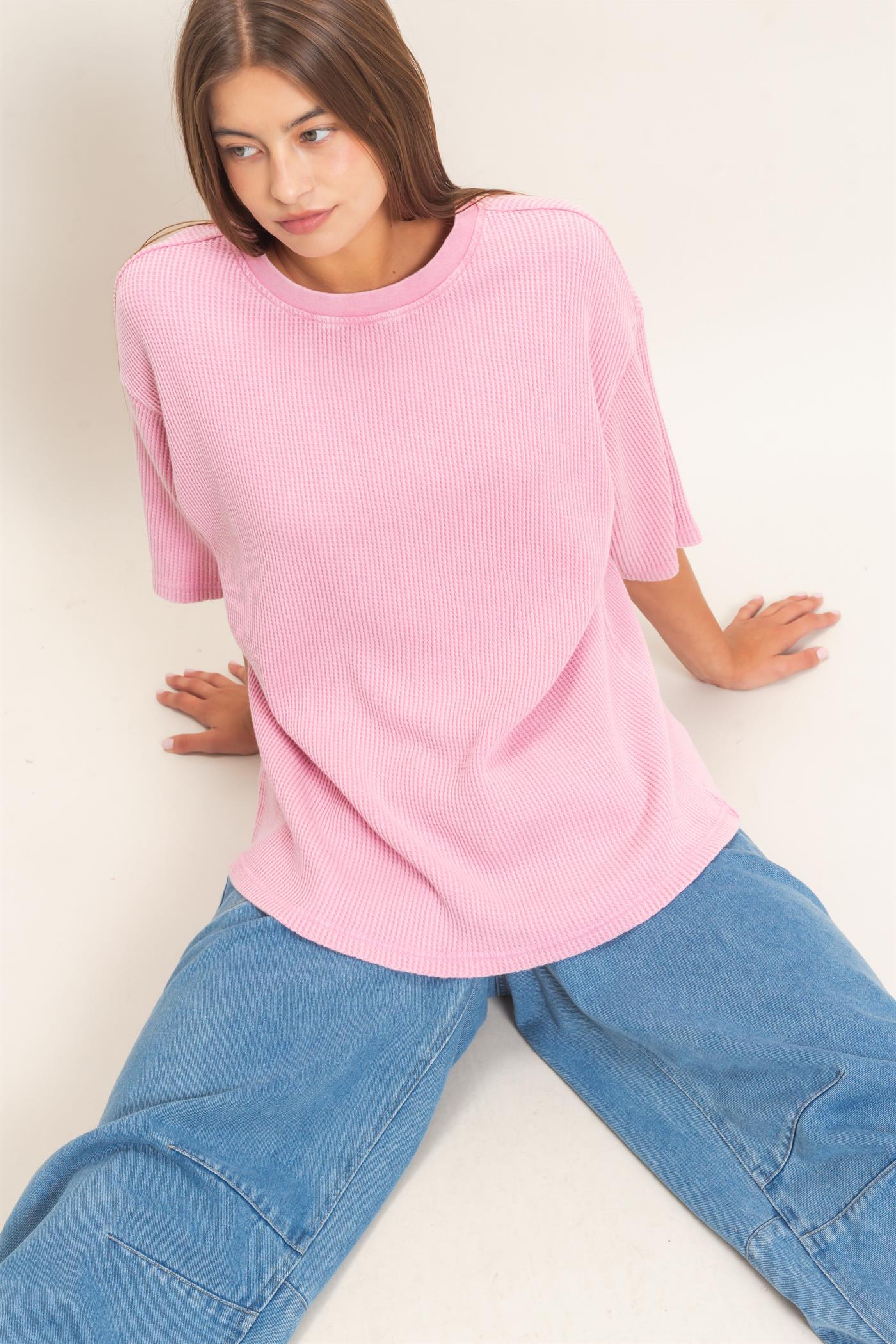 Wholesale Mineral Wash Waffle Crew Neck Short Sleeve Top Clothing Tops DZ26E328 PINK DOUBLE ZERO