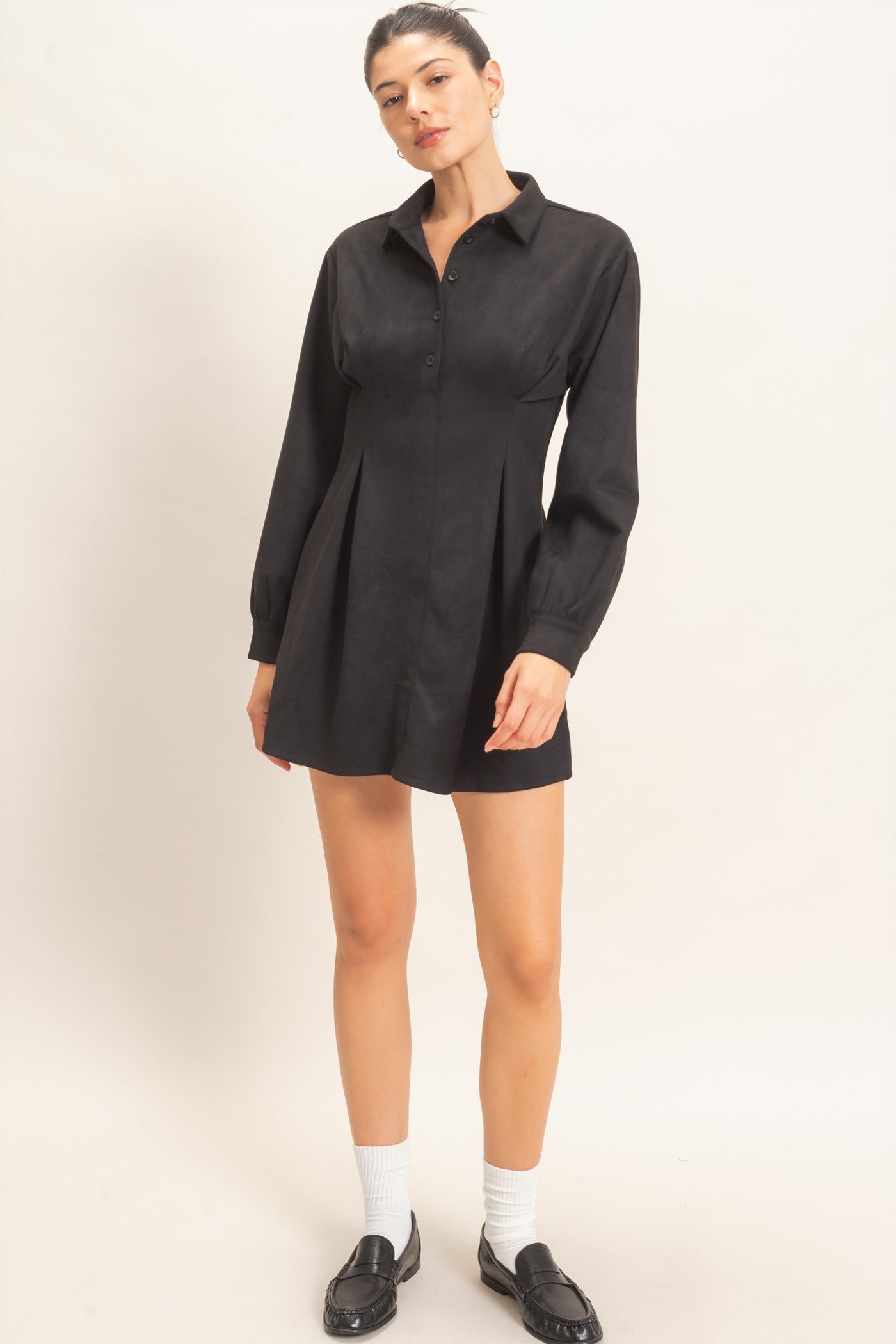 Wholesale Faux Suede Long Sleeve Shirtdress Dresses HF26F063 BLACK HYFVE