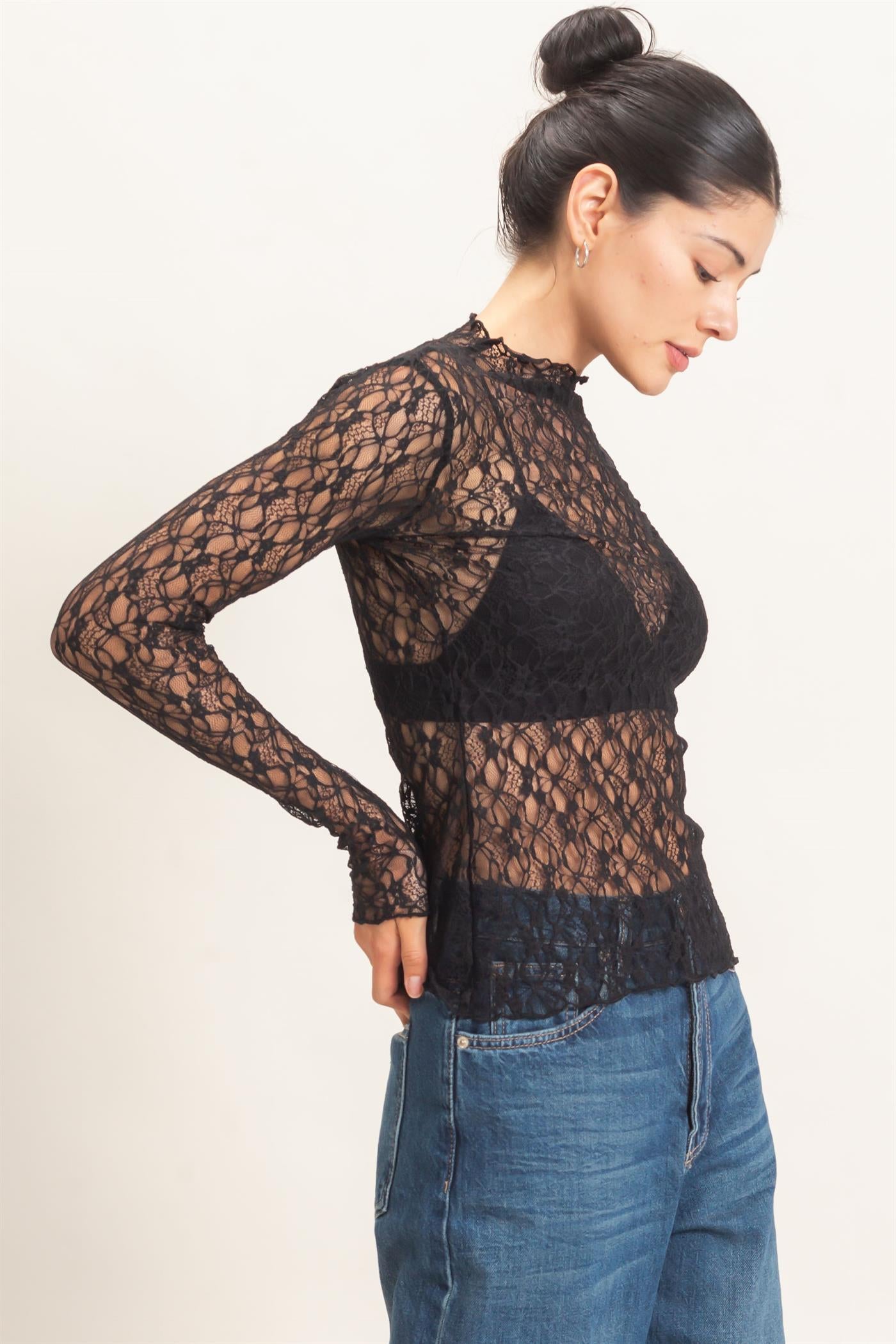 Wholesale Lace Mock Neck Long Sleeve Top Clothing Tops HF26E033-D BLACK HYFVE