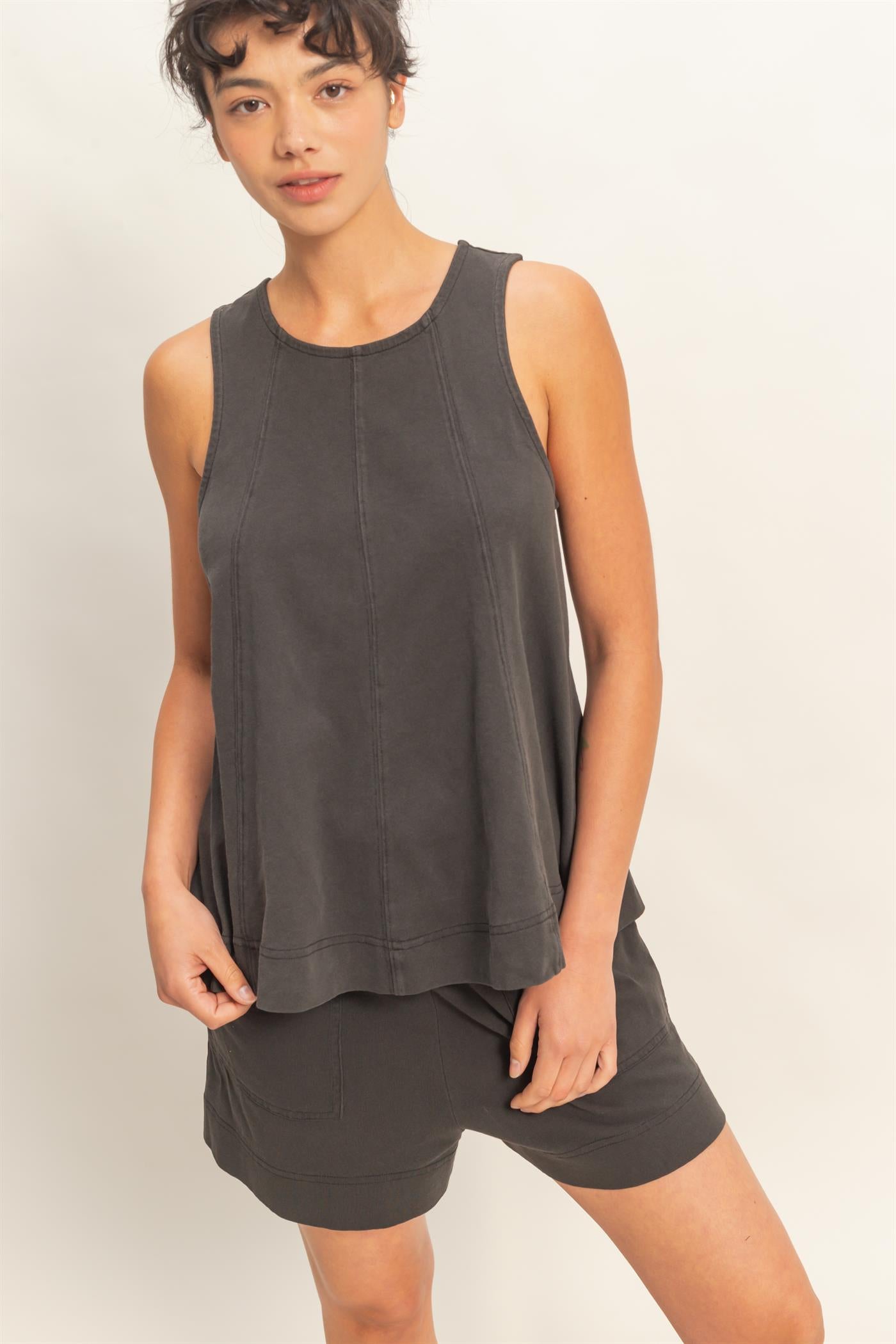 Wholesale Sleeveless Round Neck Top & Shorts Set Clothing DZ26C730-SET BLACK DOUBLE ZERO