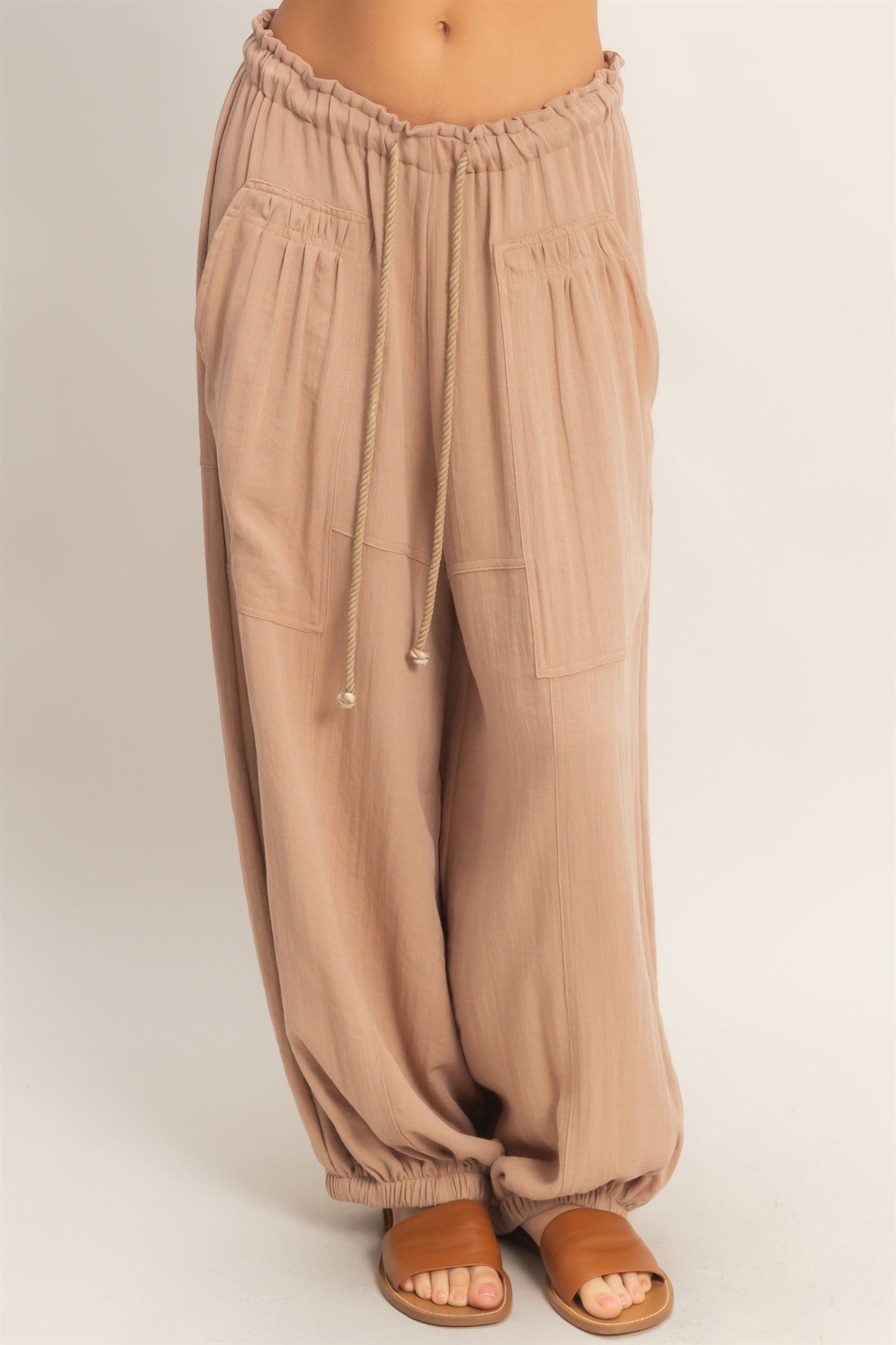 Wholesale Elastic Hem Drawstring Pants Pants HF26A905-D LIGHT BROWN HYFVE