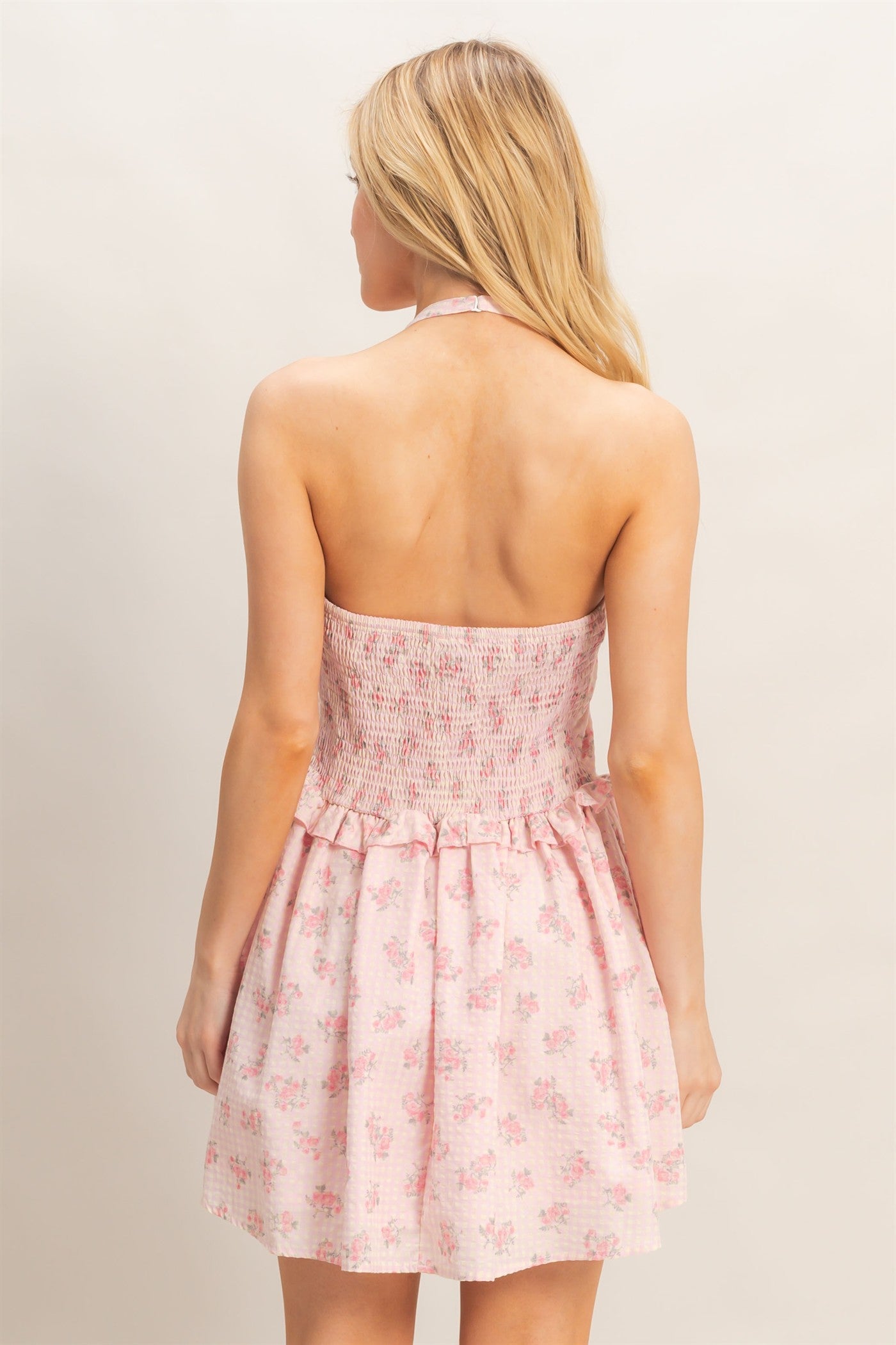 Wholesale Floral Seersucker Halter Dress Dresses HF26A189 PINK HYFVE