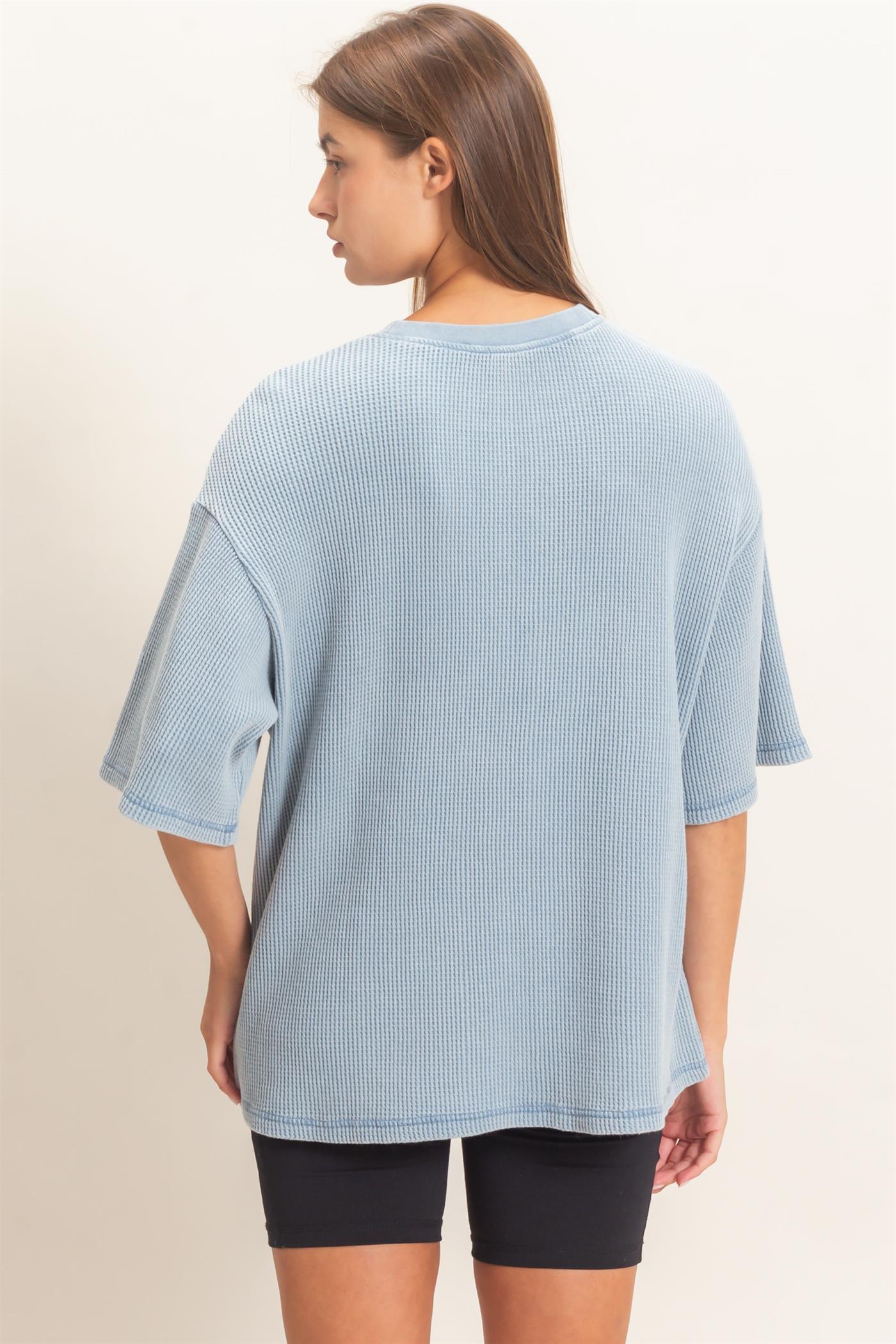 Wholesale Mineral Wash Waffle Crew Neck Short Sleeve Top Clothing Tops DZ26E328 DUSTY BLUE DOUBLE ZERO