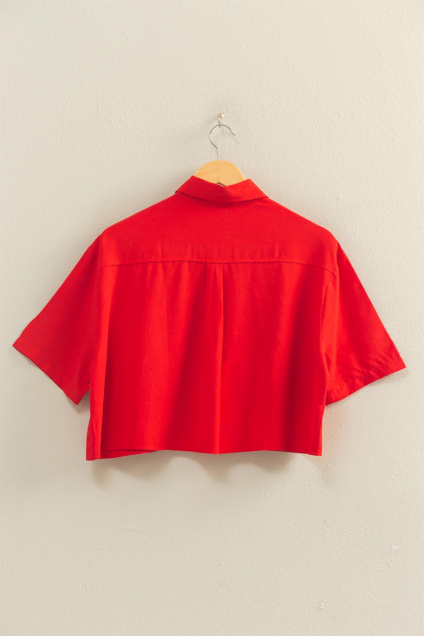 Wholesale Linen Blend Cropped Button-Up Shirt With Pocket Clothing Tops DZ26A583 RED DOUBLE ZERO