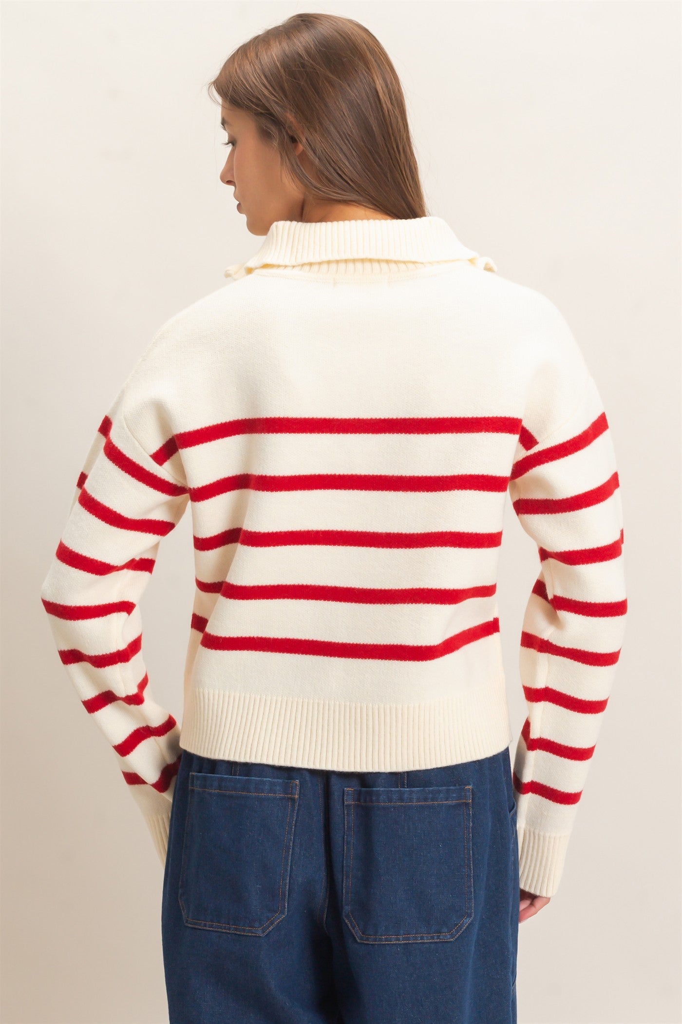 Wholesale Half-Zip Collared Stripe Sweater Sweaters DZ26E950 RED DOUBLE ZERO