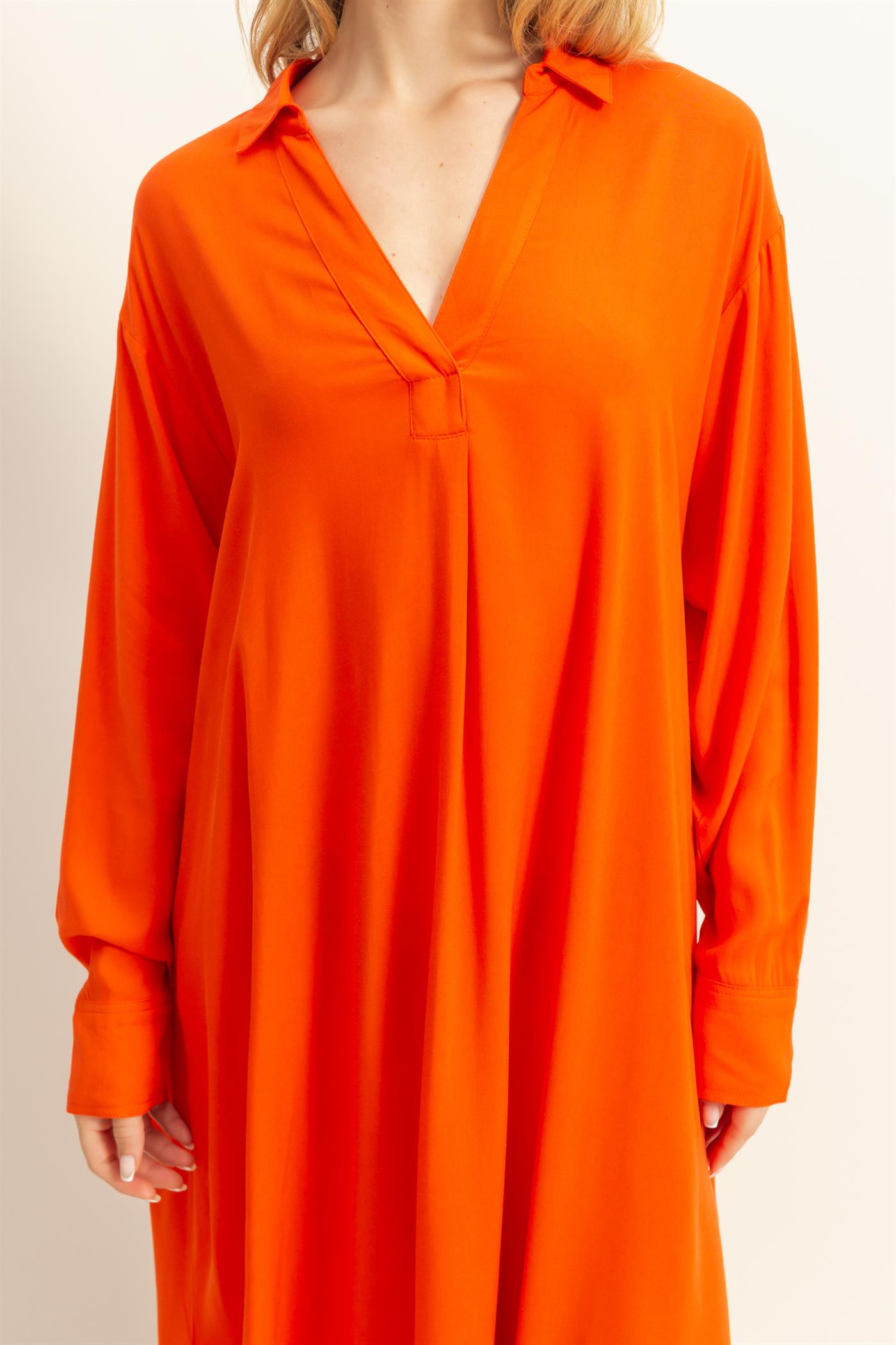 Wholesale V-Neck Long Sleeved Midi Shirts Dress Dresses DZ24E706 TOMATO DOUBLE ZERO