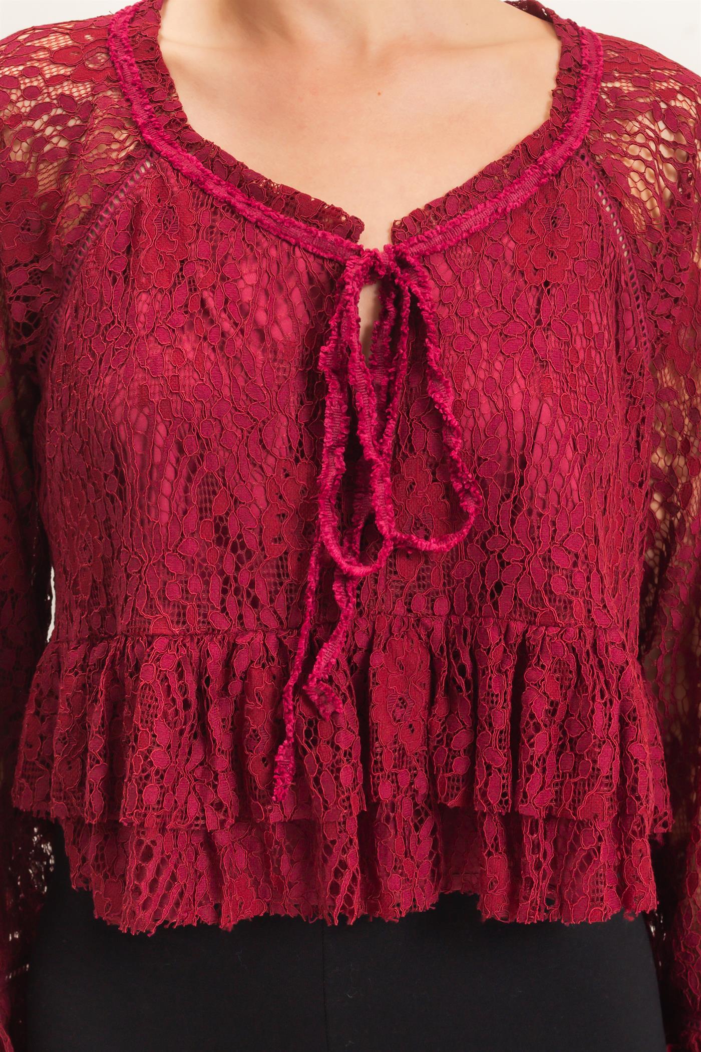 Wholesale Lace Bell Sleeve Top Blouses HF26C768 BURGUNDY HYFVE