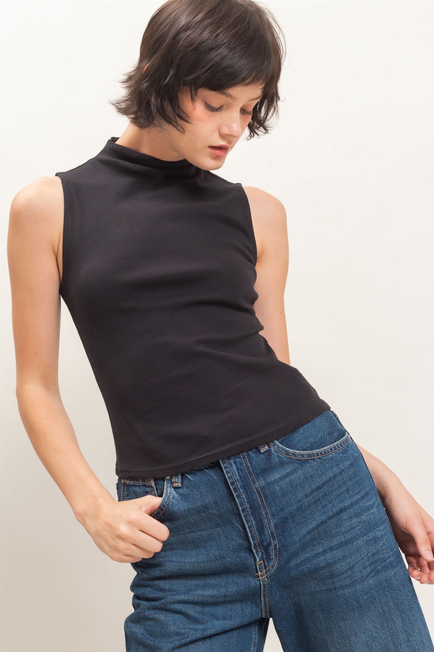 Wholesale Sleeveless Mock Neck Top Clothing Tops DZ26E397 BLACK DOUBLE ZERO