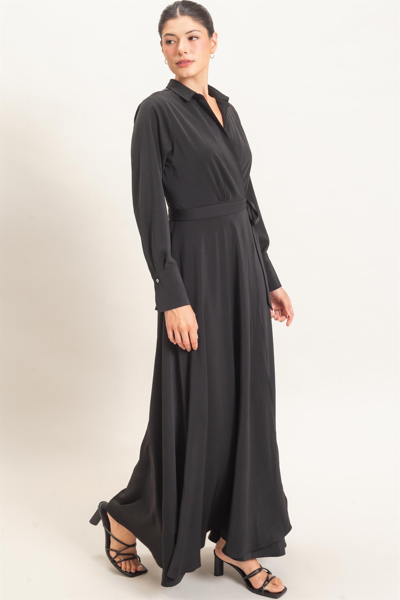 Wholesale Collared Wrap Shirt Dress Dresses HF25E869 BLACK HYFVE