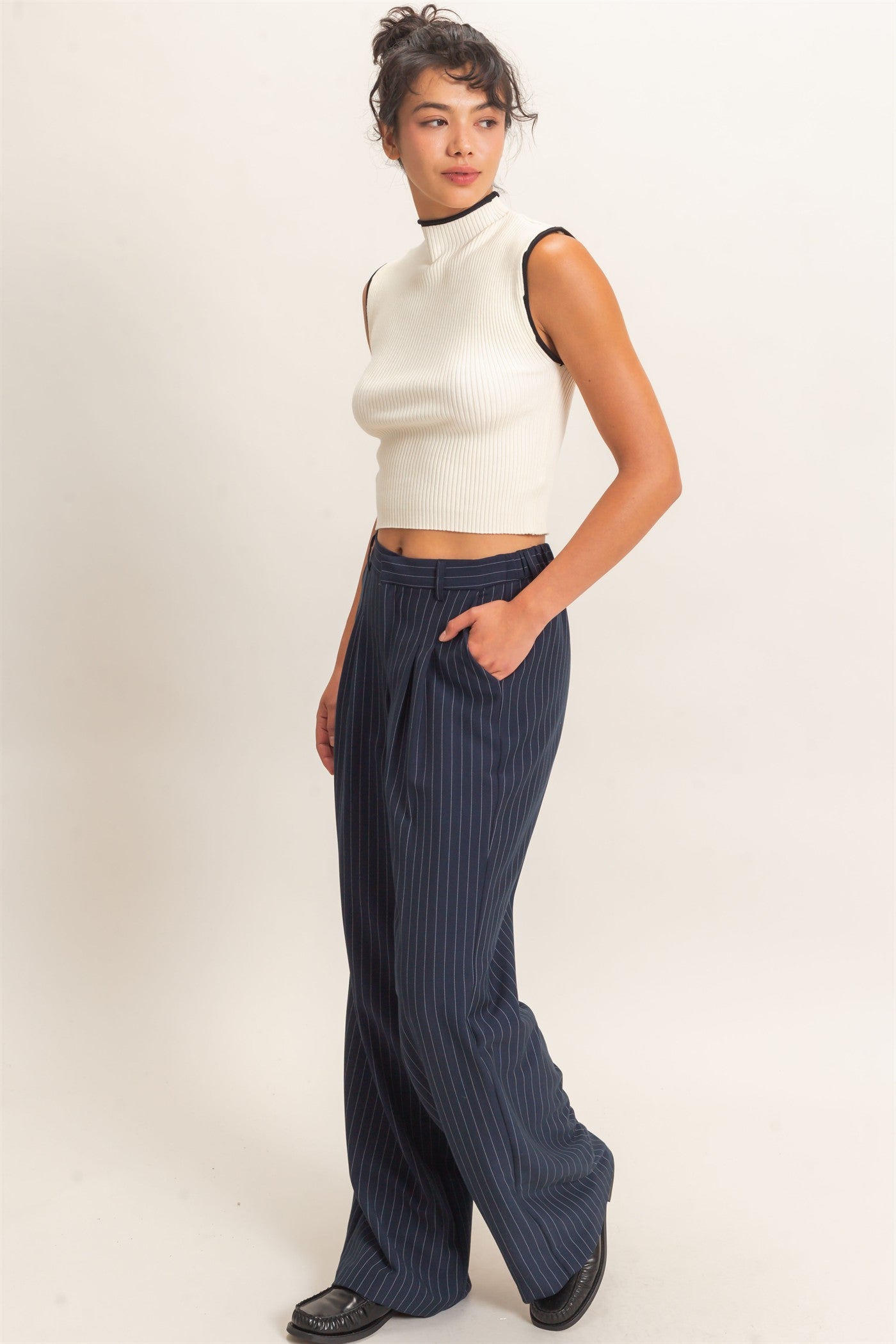 Wholesale Pinstripe Wide-Leg Trousers Pants DZ26E426 NAVY DOUBLE ZERO