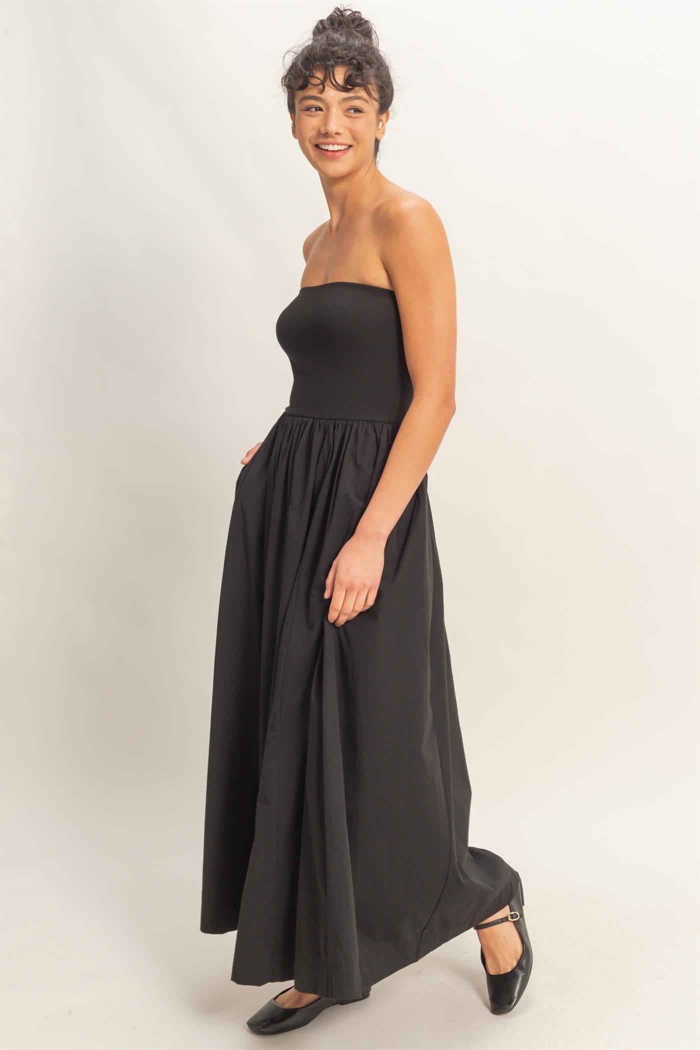 Wholesale Strapless Flowy Midi Dress Dresses DZ26A744 BLACK DOUBLE ZERO