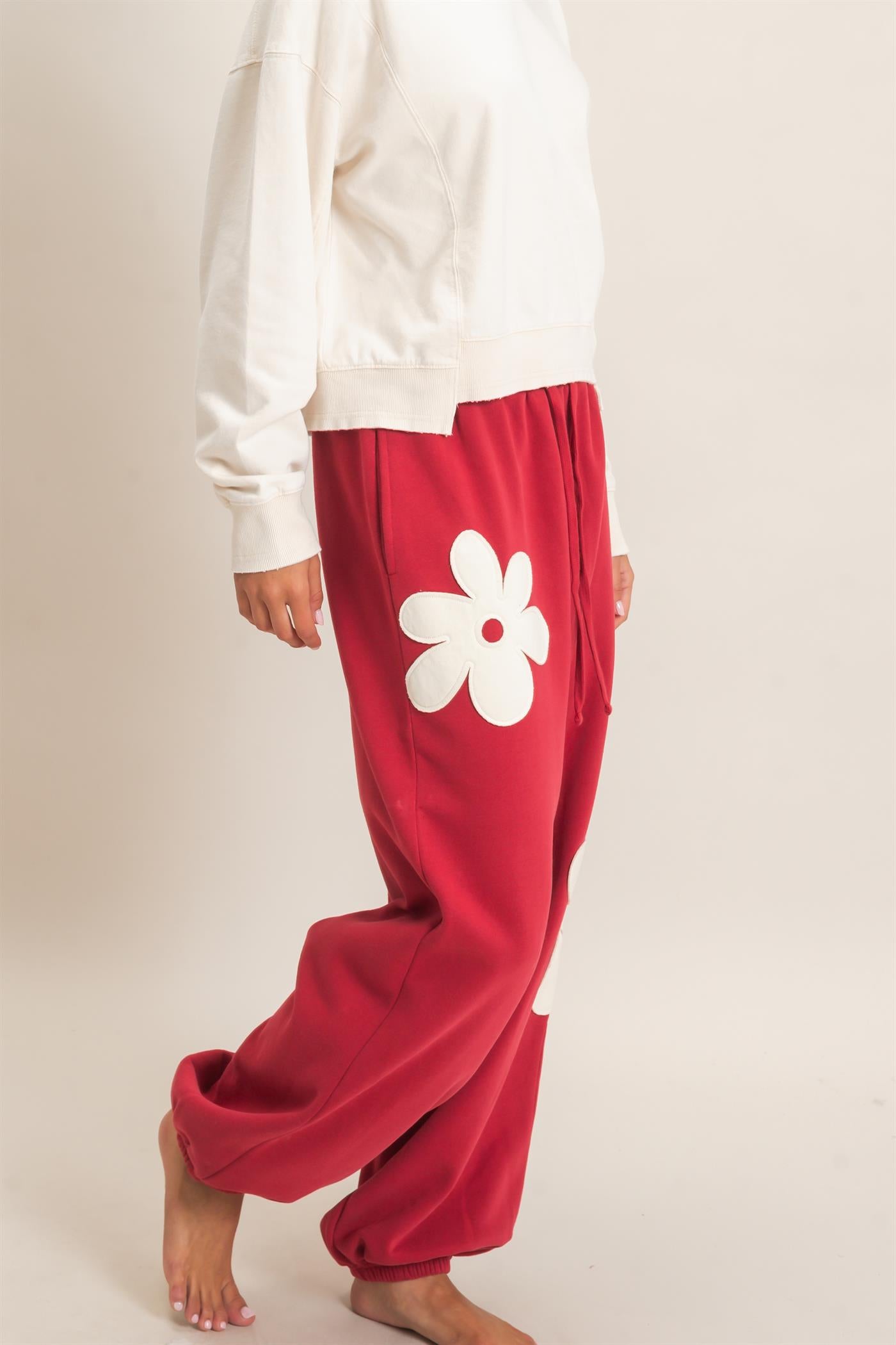 Wholesale Floral Applique Drawstring Jogger Pants Joggers DZ26F308 DARK RED DOUBLE ZERO