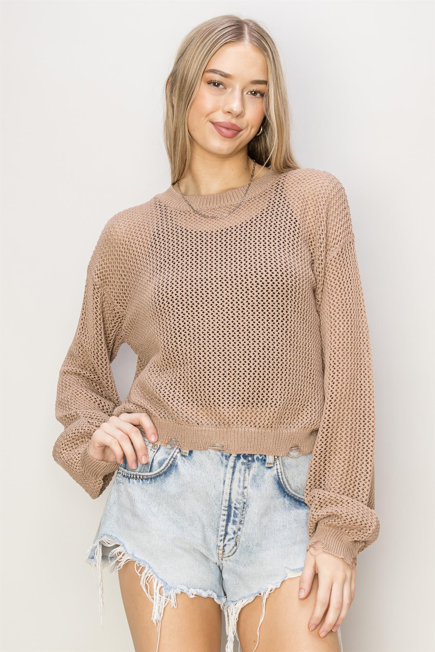 Wholesale Distressed Knit Sweater Clothing Tops DZ24C038 TAN DOUBLE ZERO