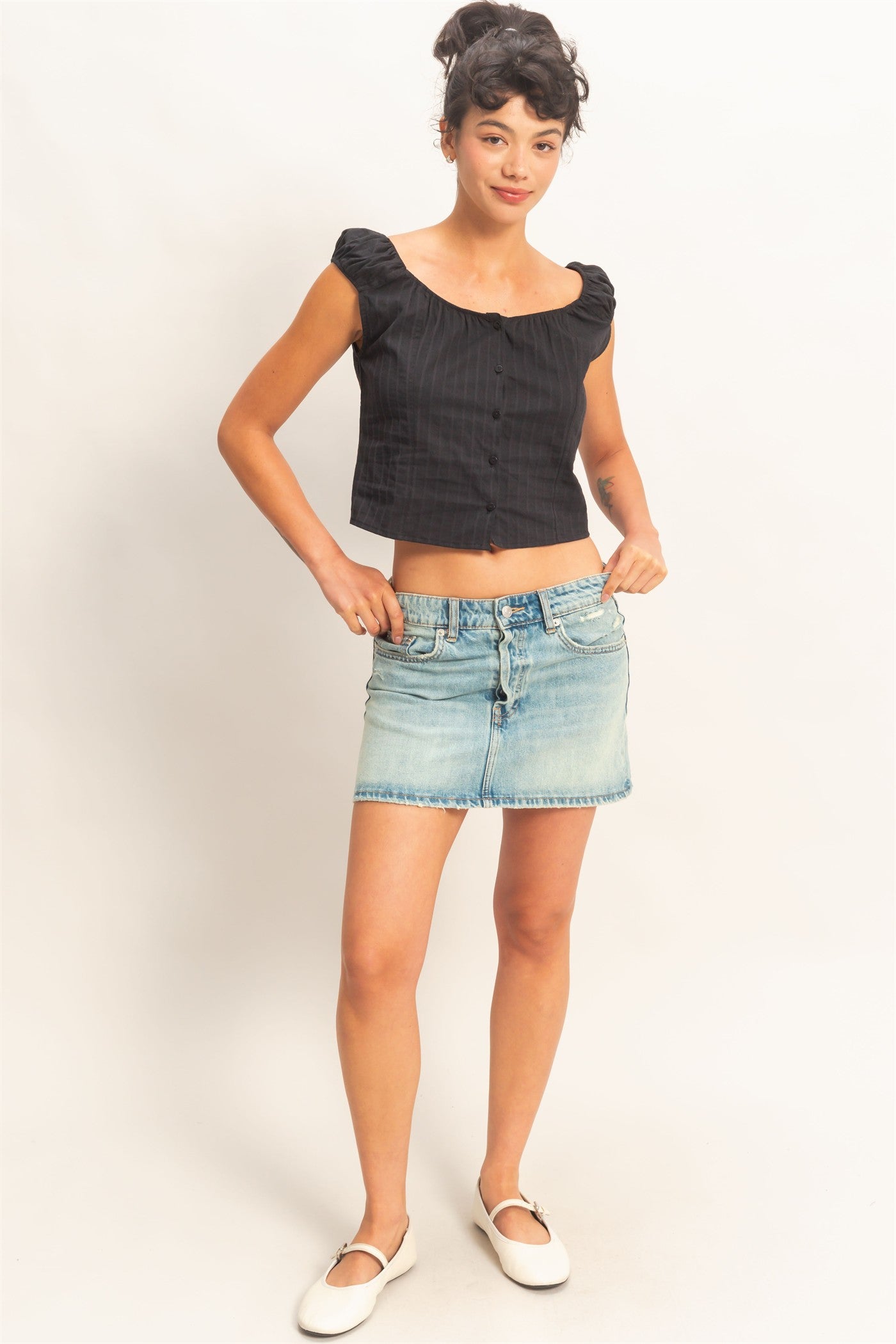 Wholesale Button Front Scoop Neck Cap Sleeve Top Blouses DZ26C199 BLACK DOUBLE ZERO