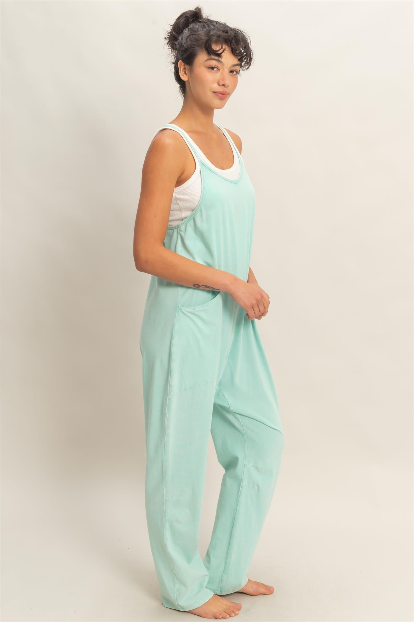 Wholesale Mineral Wash Spaghetti Strap Jumpsuit Clothing DZ26C375 TURQUOISE DOUBLE ZERO