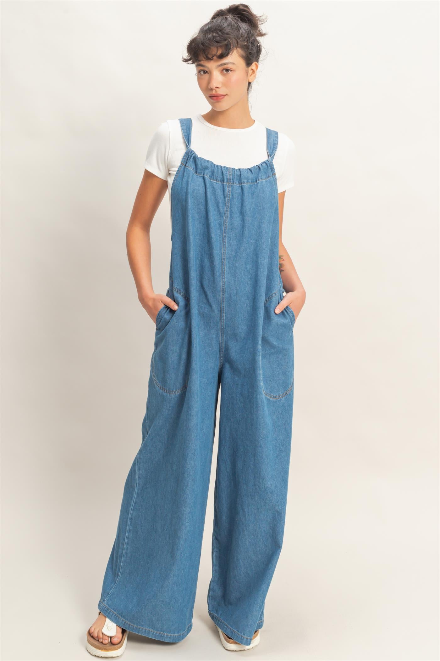 Wholesale Denim Adjustable Strap Jumpsuit Clothing DZ26C414 MEDIUM BLUE DOUBLE ZERO