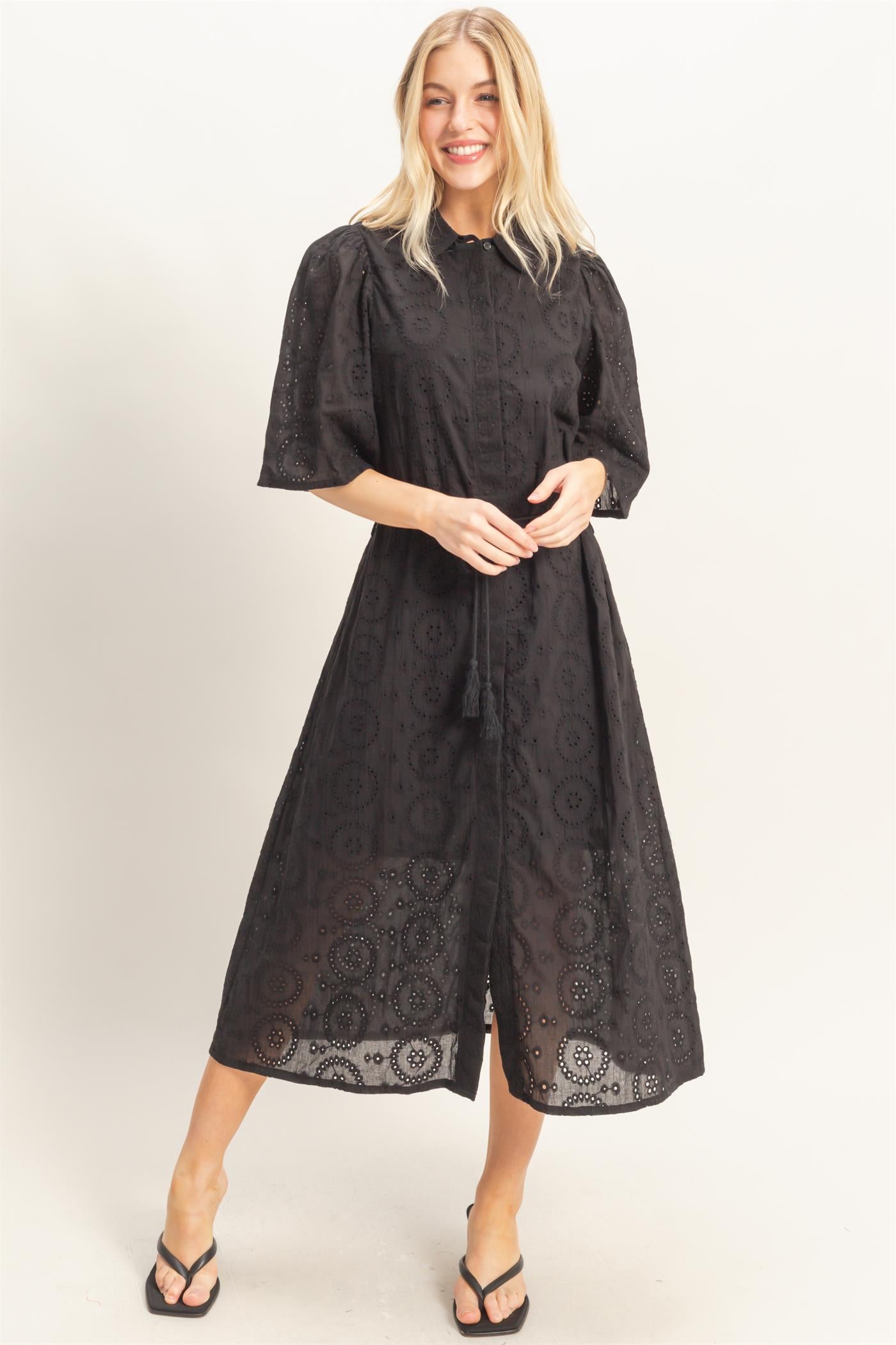 Wholesale Eyelet Collared Midi Dress Dresses HF26A021 BLACK HYFVE