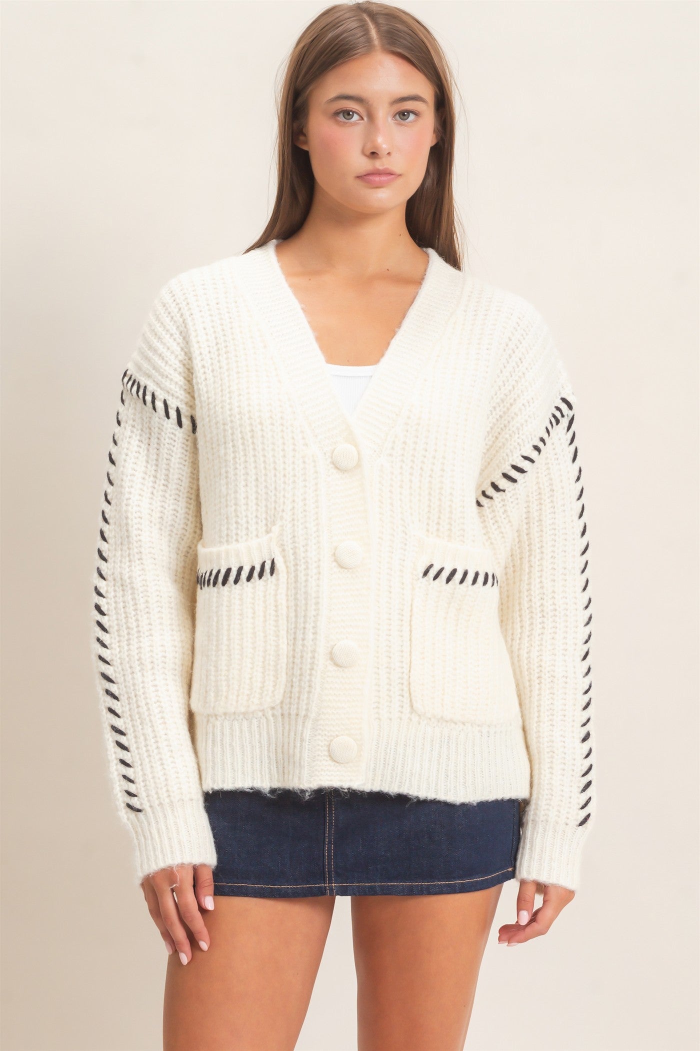 Wholesale Blanket Stitch Oversized Sweater Cardigan Cardigans DZ26E296 CREAM DOUBLE ZERO