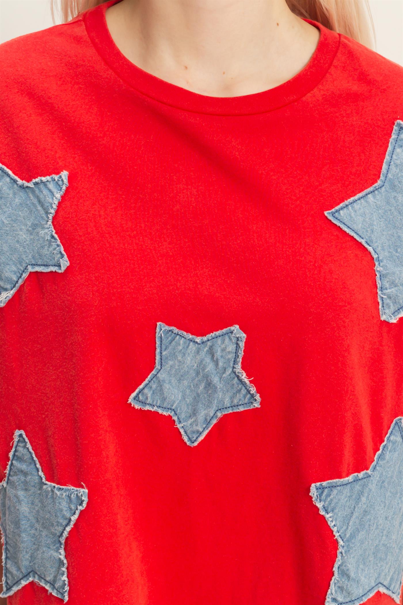 Wholesale Raw Edge Star Patch Top Clothing Tops DZ26C616 RED DOUBLE ZERO