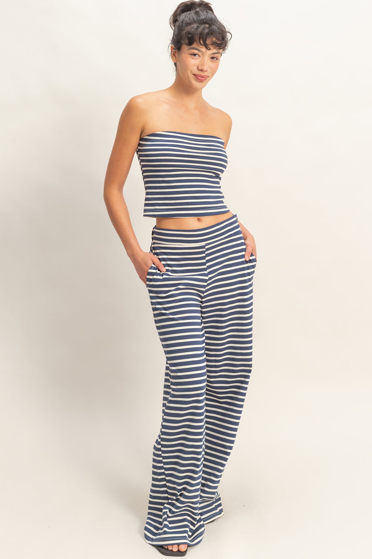 Wholesale Striped Jersey Tube Top And Pants Set Clothing DZ26C621-SET NAVY DOUBLE ZERO